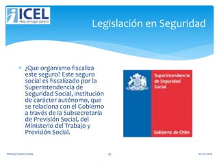 Legislación en Seguridad
 ¿Que organismo fiscaliza
este seguro? Este seguro
social es fiscalizado por la
Superintendencia de
Seguridad Social, institución
de carácter autónomo, que
se relaciona con el Gobierno
a través de la Subsecretaría
de Previsión Social, del
Ministerio del Trabajo y
Previsión Social.
Wendy Castro Cerda. 33 02-05-2016
 