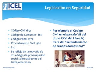 Legislación en Seguridad
 Código Civil 1855
 Código de Comercio 1865
 Código Penal 1874
 Procedimiento Civil 1902
 Etc..
 Se refleja en la mayoría de
los códigos la preocupación
social sobre aspectos del
trabajo humano.
 Por ejemplo el Código
Civil en el párrafo VII del
titulo XXVI del Libro IV,
trata del “arrendamiento
de criados domésticos”
Wendy Castro Cerda. 5 02-05-2016
 