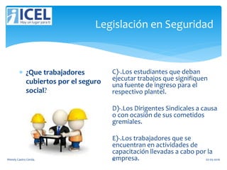Legislación en Seguridad
 ¿Que trabajadores
cubiertos por el seguro
social?
C)-.Los estudiantes que deban
ejecutar trabajos que signifiquen
una fuente de ingreso para el
respectivo plantel.
D)-.Los Dirigentes Sindicales a causa
o con ocasión de sus cometidos
gremiales.
E)-.Los trabajadores que se
encuentran en actividades de
capacitación llevadas a cabo por la
empresa.Wendy Castro Cerda. 52 02-05-2016
 