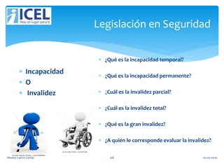 Legislación en Seguridad
 Incapacidad
 O
 Invalidez
 ¿Qué es la incapacidad temporal?
 ¿Qué es la incapacidad permanente?
 ¿Cuál es la invalidez parcial?
 ¿Cuál es la invalidez total?
 ¿Qué es la gran invalidez?
 ¿A quién le corresponde evaluar la invalidez?
Wendy Castro Cerda. 68 02-05-2016
 