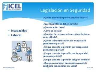 Legislación en Seguridad
 Incapacidad
 Laboral
-¿Qué es el subsidio por incapacidad laboral?
-¿Qué requisitos se deben cumplir?
-¿Qué duración tiene?
-¿Cómo se calcula?
-¿Qué tipo de remuneraciones deben incluirse
en su cálculo?
-¿Qué es la indemnización por incapacidad
permanente parcial?
-¿En qué consiste la pensión por incapacidad
permanente parcial?
-¿En qué consiste la pensión por incapacidad
permanente total?
-¿En qué consiste la pensión del gran inválido?
-¿Qué pasa cuando el pensionado cumple la
edad para pensionarse por vejez?
Wendy Castro Cerda. 75 02-05-2016
 