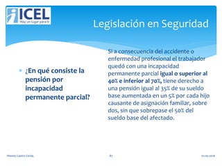 Legislación en Seguridad
 ¿En qué consiste la
pensión por
incapacidad
permanente parcial?
Si a consecuencia del accidente o
enfermedad profesional el trabajador
quedó con una incapacidad
permanente parcial igual o superior al
40% e inferior al 70%, tiene derecho a
una pensión igual al 35% de su sueldo
base aumentada en un 5% por cada hijo
causante de asignación familiar, sobre
dos, sin que sobrepase el 50% del
sueldo base del afectado.
Wendy Castro Cerda. 87 02-05-2016
 