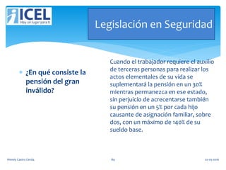 Legislación en Seguridad
 ¿En qué consiste la
pensión del gran
inválido?
Cuando el trabajador requiere el auxilio
de terceras personas para realizar los
actos elementales de su vida se
suplementará la pensión en un 30%
mientras permanezca en ese estado,
sin perjuicio de acrecentarse también
su pensión en un 5% por cada hijo
causante de asignación familiar, sobre
dos, con un máximo de 140% de su
sueldo base.
Wendy Castro Cerda. 89 02-05-2016
 