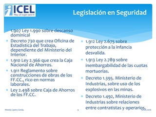 Legislación en Seguridad
 1.907 Ley 1.990 sobre descanso
dominical
 Decreto 730 que crea Oficina de
Estadística del Trabajo,
dependiente del Ministerio del
Interior.
 1.910 Ley 2.366 que crea la Caja
Nacional de Ahorros.
 1.911 Reglamento sobre
construcciones de obras de los
FF.CC., rico en normas
laborales.
 Ley 2.498 sobre Caja de Ahorros
de los FF.CC.
 1.912 Ley 2.675 sobre
protección a la infancia
desvalida.
 1.913 Ley 2.789 sobre
inembargabilidad de las cuotas
mortuorias.
 Decreto 1.395. Ministerio de
Industrias, sobre uso de los
explosivos en las minas.
 Decreto 1.492, Ministerio de
Industrias sobre relaciones
entre contratistas y operarios.Wendy Castro Cerda. 9 02-05-2016
 