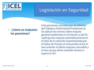 Legislación en Seguridad
 -¿Cómo se reajustan
las pensiones?
A las pensiones causadas por Accidentes
del Trabajo o Enfermedad Profesional se
les aplican las normas sobre reajuste
general establecido en el artículo 14 del DL
2448 que las reajusta automáticamente en
el 100% de la variación experimentada por
el Índice de Precios al Consumidor entre el
mes anterior al último reajuste concedido y
el mes en que dicha variación alcance o
supere el 10%.
Wendy Castro Cerda. 93 02-05-2016
 