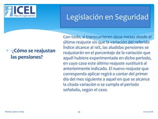 Legislación en Seguridad
 -¿Cómo se reajustan
las pensiones?
Con todo, si transcurrieren doce meses desde el
último reajuste sin que la variación del referido
Índice alcance al 10%, las aludidas pensiones se
reajustarán en el porcentaje de la variación que
aquél hubiere experimentado en dicho período,
en cuyo caso este último reajuste sustituirá al
anteriormente indicado. El nuevo reajuste que
corresponda aplicar regirá a contar del primer
día del mes siguiente a aquel en que se alcance
la citada variación o se cumpla el período
señalado, según el caso.
Wendy Castro Cerda. 94 02-05-2016
 