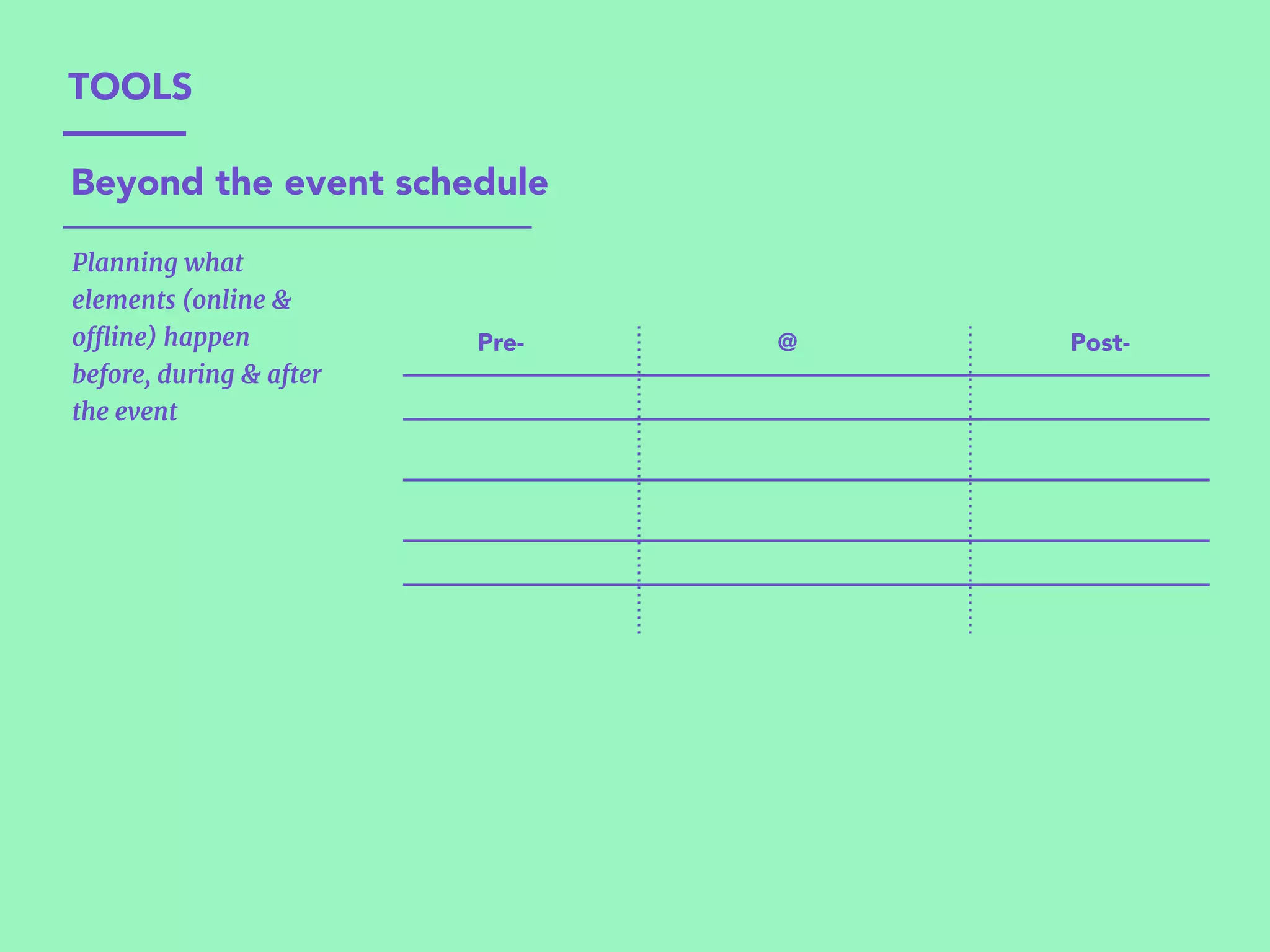Pre- @ Post-
Planning what
elements (online &
oﬄine) happen 

before, during & after
the event

Beyond the event schedule
TOOLS
 