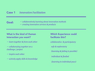 Case 1 Innovation Facilitation
Goal:
What is the kind of Human
Interaction you want?
— learn together & from each other
— inspire each other
— collaborating together on a
challenge / project
— actively apply skills & knowledge
(learning in individual pace)
(learning & failing is possible)
Which Experience could
facilitate this?
individual & ﬂexibel
collaborative & participatory
safe & exploratory
— collaboratively learning about innovation methods  
— creating innovative services & products
 