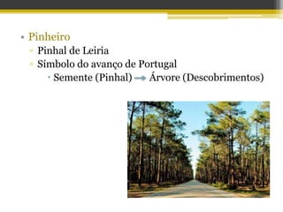 • Pinheiro
▫ Pinhal de Leiria
▫ Símbolo do avanço de Portugal
 Semente (Pinhal) Árvore (Descobrimentos)
 