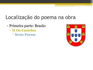 Localização do poema na obra
• Primeira parte: Brasão
▫ II Os Castelos
 Sexto Poema
 