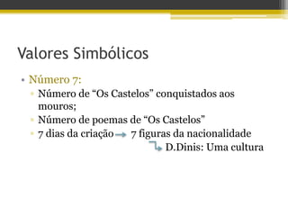 Valores Simbólicos
• Número 7:
▫ Número de “Os Castelos” conquistados aos
mouros;
▫ Número de poemas de “Os Castelos”
▫ 7 dias da criação 7 figuras da nacionalidade
D.Dinis: Uma cultura
 