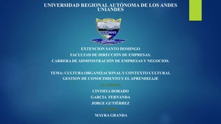 UNIVERSIDAD REGIONALAUTÓNOMA DE LOS ANDES
UNIANDES
EXTENCION SANTO DOMINGO
FACULTAD DE DIRECCIÓN DE EMPRESAS.
CARRERA DE ADMINISTRACIÓN DE EMPRESAS Y NEGOCIOS.
TEMA: CULTURA ORGANIZACIONALY CONTEXTO CULTURAL
GESTION DE CONOCIMIENTO Y ELAPRENDIZAJE
ALUMNOS:
CINTHYA DORADO
GARCIA FERNANDA
JORGE GUTIÉRREZ
TUTOR:
MAYRA GRANDA
 