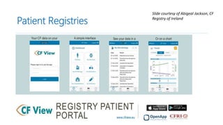 Patient Registries
• Evaluating new treatments in real-world settings
(Pharmaco-vigilance)
• Rare Disease Reference Centres of Excellence
Slide courtesy of Abigeal Jackson, CF
Registry of Ireland
 