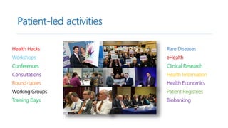 Patient-led activities
Health Hacks
Workshops
Conferences
Consultations
Round-tables
Working Groups
Training Days
Rare Diseases
eHealth
Clinical Research
Health Information
Health Economics
Patient Registries
Biobanking
 
