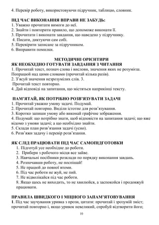 10
4. Перевір роботу, використовуючи підручник, таблицю, словник.
ПІД ЧАС ВИКОНАННЯ ВПРАВИ НЕ ЗАБУДЬ:
1. Уважно прочитати вимоги до неї.
2. Знайти і повторити правило, що допоможе виконати її.
3. Прочитати і виконати завдання, що наведено у підручнику.
4. Писати, диктуючи сам собі.
5. Перевірити записане за підручником.
6. Виправити помилки.
МЕТОДИЧНІ ОРІЄНТИРИ
ЯК НЕОБХІДНО ГОТУВАТИ ЗАВДАННЯ З ЧИТАННЯ
1. Прочитай текст, познач слова і вислови, значення яких не розумієш.
Попрацюй над цими словами (прочитай кілька разів).
2. З’ясуй значення незрозумілих слів. 3.
Прочитай текст повторно.
4. Дай відповіді на запитання, що містяться наприкінці тексту.
ПАМ’ЯТАЙ, ЯК ПОТРІБНО РОЗВ’ЯЗУВАТИ ЗАДАЧІ
1. Прочитай уважно умову задачі. Подумай.
2. Прочитай повторно. Виділи істотне для розв’язування.
3. Коротко запиши умову або виконай графічне зображення.
4. Подумай: що потрібно знати, щоб відповісти на запитання задачі; що вже
відомо з умови задачі; а що необхідно знайти.
5. Склади план розв’язання задачі (усно).
6. Розв’яжи задачу і перевір розв’язання.
ЯК СЛІД ПРАЦЮВАТИ ПІД ЧАС САМОПІДГОТОВКИ
1. Підготуй усе необхідне до роботи.
2. Прибери з робочого місця все зайве.
3. Навчальні посібники розклади по порядку виконання завдань.
4. Розпочавши роботу, не поспішай!
5. Не працюй до повної втоми.
6. Під час роботи не жуй, не пий.
7. Не відволікайся під час роботи.
8. Якщо щось не виходить, то не хвилюйся, а заспокойся і продовжуй
працювати.
ПРАВИЛА ШВИДКОГО І МІЦНОГО ЗАПАМ’ЯТОВУВАННЯ
1. Під час заучування уривка з прози, цитати: прочитай і зрозумій зміст;
прочитай повторно і, якщо уривок невеликий, спробуй відтворити його;
 