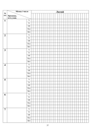 37
№
п/п
Місяць і число
Прізвище,
ім’я учнів
Лютий
1 1з
2з
Об
Пол
Веч
2 1з
2з
Об
Пол
Веч
3 1з
2з
Об
Пол
Веч
4 1з
2з
Об
Пол
Веч
5 1з
2з
Об
Пол
Веч
6 1з
2з
Об
Пол
Веч
7 1з
2з
Об
Пол
Веч
 