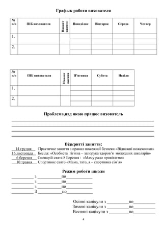 4
Графык роботи вихователя
№
п/п ПІБ вихователя
Навант
аження
Понеділок Вівторок Середа Четвер
1.
2.
№
п/п ПІБ вихователя
Навант
аження
П’ятниця Субота Неділя
1.
2.
Проблема,над якою працює вихователь
_________________________________________________________________
_________________________________________________________________
_________________________________________________________________
_________________________________________________________________
Відкритті заняття:
14 грудня Практичне заняття з правил пожежної безпеки «Відважні пожежники»
16 листопада Бесіда: «Особиста гігієна – запорука здоров’я молодших школярів»
6 березня Сценарій свята 8 Березня : «Маму радо привітаємо»
10 травня Спортивне свято «Мама, тато, я – спортивна сім’я»
Режим роботи школи
__________ з ___________по____________
__________ з ___________по____________
__________ з ___________по____________
__________ З ___________по____________
Осінні канікули з __________по__________
Зимові канікули з __________по__________
Весняні канікули з _________по__________
 