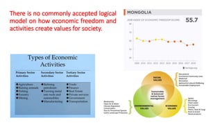 There is no commonly accepted logical
model on how economic freedom and
activities create values for society.
 