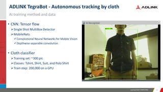 Leading EDGE COMPUTING 3232
AI training method and data
ADLINK TegraBot - Autonomous tracking by cloth
• CNN: Tensor flow
➢Single Shot MultiBox Detector
➢MobileNets
✓Convolutional Neural Networks for Mobile Vision
✓Depthwise separable convolution
• Cloth classifier
➢Training set: ~300 pic
➢Classes: Tshirt, Shirt, Suit, and Polo Shirt
➢Train step: 200,000 on a GPU
 