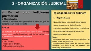2 - ORGANIZACIÓN JUDICIAL
a) En el ordo iudiciorum
privatorum
i. Magistrados
Tenían la facultad para pronunciar o decir lo que es
derecho en un litigio concreto
Jueces
La iudicatio es el derecho para que el juez privado
pueda decir mediante opinion, cuál de las partes tiene
o no derecho y emitir una sentencia
Clases
- Juez privado.
- Tres o cinco árbitros.
- Tribunales permanentes
b) Cognitio Extra ordinem
i. Magistrado-Juez
No existiendo en este rocedimiento las dos
fases, desaparece la distinción entre
magistrados dotados de imperium y de iudices
o ciudadanos encargados de sentenciar
dotados de la iudicatio.
Clases
Los órganos judiciales en este procedimiento se
dividen en escala jerárquica:
Los magistrados municipales; los rectores de las
provincias, los vicarios de las diócesis; los
prefectos y el emperador
5
 