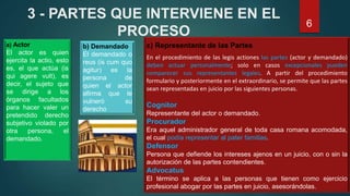 3 - PARTES QUE INTERVIENE EN EL
PROCESO
a) Actor
El actor es quien
ejercita la actio, esto
es, el que actúa (is
qui agere vult), es
decir, el sujeto que
se dirige a los
órganos facultados
para hacer valer un
pretendido derecho
subjetivo violado por
otra persona, el
demandado.
b) Demandado
El demandado o
reus (is cum quo
agitur) es la
persona de
quien el actor
afirma que le
vulneró su
derecho
c) Representante de las Partes
En el procedimiento de las legis actiones las partes (actor y demandado)
deben actuar personalmente; solo en casos excepcionales pueden
comparecer sus representantes legales. A partir del procedimiento
formulario y posteriormente en el extraordinario, se permite que las partes
sean representadas en juicio por las siguientes personas.
Cognitor
Representante del actor o demandado.
Procurador
Era aquel administrador general de toda casa romana acomodada,
el cual podía representar al pater familias.
Defensor
Persona que defiende los intereses ajenos en un juicio, con o sin la
autorización de las partes contendientes.
Advocatus
El término se aplica a las personas que tienen como ejercicio
profesional abogar por las partes en juicio, asesorándolas.
6
 