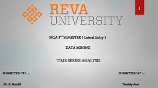 1
MCA 3rd SEMESTER ( Lateral Entry )
DATA MINING
TIME SERIES ANALYSIS
SUBMITTED TO : -
Dr. S. Senthil
SUBMITTED BY : -
Tanishq Soni
 