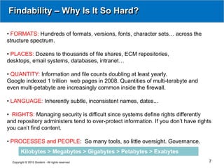 Findability – Why Is It So Hard?

• FORMATS: Hundreds of formats, versions, fonts, character sets… across the
structure spectrum.

• PLACES: Dozens to thousands of file shares, ECM repositories,
desktops, email systems, databases, intranet…

• QUANTITY: Information and file counts doubling at least yearly.
Google indexed 1 trillion web pages in 2008. Quantities of multi-terabyte and
even multi-petabyte are increasingly common inside the firewall.

• LANGUAGE: Inherently subtle, inconsistent names, dates...

• RIGHTS: Managing security is difficult since systems define rights differently
and repository administers tend to over-protect information. If you don’t have rights
you can’t find content.

• PROCESSES and PEOPLE: So many tools, so little oversight. Governance.
        Kilobytes > Megabytes > Gigabytes > Petabytes > Exabytes
  Copyright © 2010 Guident - All rights reserved                                    7
 