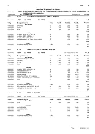 Página :S10 4
4502001Presupuesto MEJORAMIENTO DEL SERVICIO VIAL CON PAVIMENTACIÓN PARA LA LOCALIDAD DE SAN JUAN DE LICUPIS-DISTRITO SAN
JUAN DE LICUPIS-CHOTA-CAJAMARCA.
Análisis de precios unitarios
Fecha presupuesto 13/02/2019001Subpresupuesto PAVIMENTACION
Partida 02.02.03 ENCOFRADO Y DESENCOFRADO DE LOSA PARA PAVIMENTO
m2/DIA 40.0000Rendimiento Costo unitario directo por : m2 34.9740.0000EQ.MO.
Unidad Cuadrilla Cantidad Precio S/.Código Descripción Recurso Parcial S/.
Mano de Obra
hh0147010002 1.0000 0.2000 4.3821.91OPERARIO
hh0147010003 1.0000 0.2000 3.5117.55OFICIAL
hh0147010004 1.0000 0.2000 3.1615.82PEON
11.05
Materiales
kg0202000007 0.0900 0.343.80ALAMBRE NEGRO RECOCIDO # 16
kg0202000008 0.2600 0.993.80ALAMBRE NEGRO RECOCIDO # 8
kg0202010005 0.1300 0.524.00CLAVOS PARA MADERA C/C 3"
p20245010001 4.8300 21.744.50MADERA TORNILLO INC.CORTE P/ENCOFRADO
23.59
Equipos
%MO0337010001 3.0000 0.3311.05HERRAMIENTAS MANUALES
0.33
Partida 02.02.04 PAVIMENTO DE CONCRETO F'C= 210 KG/CM2 e=0.20 m
m2/DIA 80.0000Rendimiento Costo unitario directo por : m2 116.4080.0000EQ.MO.
Unidad Cuadrilla Cantidad Precio S/.Código Descripción Recurso Parcial S/.
Mano de Obra
hh0147000022 2.0000 0.2000 3.2816.39OPERADOR DE EQUIPO LIVIANO
hh0147010002 2.0000 0.2000 4.3821.91OPERARIO
hh0147010003 1.0000 0.1000 1.7617.55OFICIAL
hh0147010004 8.0000 0.8000 12.6615.82PEON
22.08
Materiales
kg0202000007 0.1700 0.653.80ALAMBRE NEGRO RECOCIDO # 16
kg0203020001 1.7600 5.052.87ACERO CORRUGADO 0 1/4"
m30205000004 0.1660 28.59172.25PIEDRA CHANCADA DE 3/4"
m30205010004 0.0852 11.95140.25ARENA GRUESA
BOL0221000000 2.0000 42.3821.19CEMENTO PORTLAND TIPO I (42.5KG)
gln0230190012 0.0714 2.5035.00ADITIVO CURADOR MEMBRANIL C-9 CHEMA
m30239050000 0.0170 0.095.00AGUA
91.21
Equipos
%MO0337010001 3.0000 0.6622.08HERRAMIENTAS MANUALES
hm0348010011 1.0000 0.1000 1.2512.50MEZCLADORA DE CONCRETO DE 9 -11P3
hm0349070004 1.0000 0.1000 1.2012.00VIBRADOR DE CONCRETO 4 HP 2.40"
3.11
Partida 02.02.05 CURADO DE PAVIMENTO
m2/DIA 400.0000Rendimiento Costo unitario directo por : m2 2.32400.0000EQ.MO.
Unidad Cuadrilla Cantidad Precio S/.Código Descripción Recurso Parcial S/.
Mano de Obra
hh0147010004 1.0000 0.0200 0.3215.82PEON
0.32
Materiales
m30205010004 0.0081 1.14140.25ARENA GRUESA
gln0230190004 0.0100 0.8080.00CURADOR ANTISOL
m30239050000 0.0100 0.055.00AGUA
1.99
Equipos
%MO0337010001 3.0000 0.010.32HERRAMIENTAS MANUALES
0.01
20/02/2019 14:14:31Fecha :
 