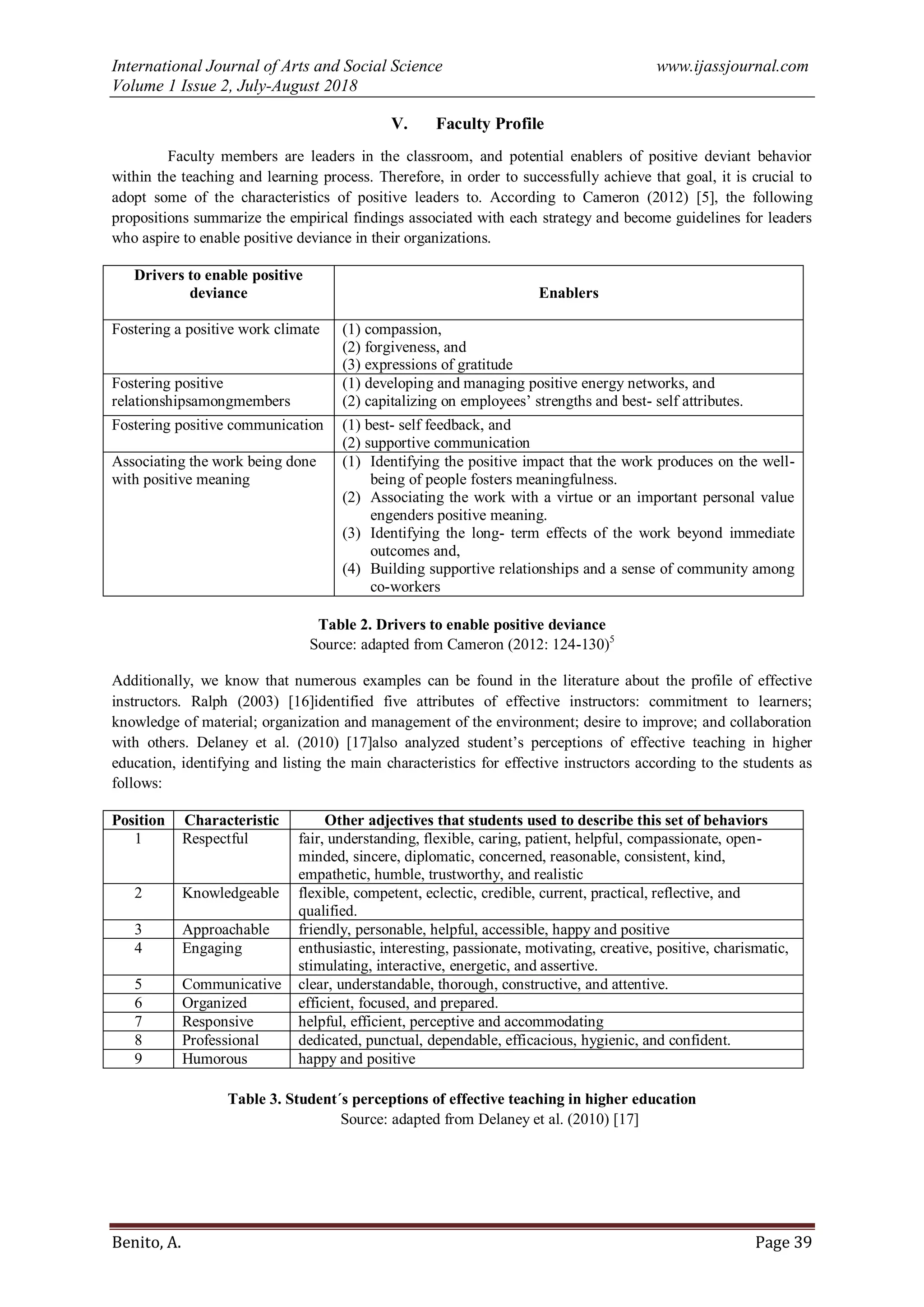 International Journal of Arts and Social Science www.ijassjournal.com
Volume 1 Issue 2, July-August 2018
Benito, A. Page 39
V. Faculty Profile
Faculty members are leaders in the classroom, and potential enablers of positive deviant behavior
within the teaching and learning process. Therefore, in order to successfully achieve that goal, it is crucial to
adopt some of the characteristics of positive leaders to. According to Cameron (2012) [5], the following
propositions summarize the empirical findings associated with each strategy and become guidelines for leaders
who aspire to enable positive deviance in their organizations.
Drivers to enable positive
deviance Enablers
Fostering a positive work climate (1) compassion,
(2) forgiveness, and
(3) expressions of gratitude
Fostering positive
relationshipsamongmembers
(1) developing and managing positive energy networks, and
(2) capitalizing on employees‟ strengths and best- self attributes.
Fostering positive communication (1) best- self feedback, and
(2) supportive communication
Associating the work being done
with positive meaning
(1) Identifying the positive impact that the work produces on the well-
being of people fosters meaningfulness.
(2) Associating the work with a virtue or an important personal value
engenders positive meaning.
(3) Identifying the long- term effects of the work beyond immediate
outcomes and,
(4) Building supportive relationships and a sense of community among
co-workers
Table 2. Drivers to enable positive deviance
Source: adapted from Cameron (2012: 124-130)5
Additionally, we know that numerous examples can be found in the literature about the profile of effective
instructors. Ralph (2003) [16]identified five attributes of effective instructors: commitment to learners;
knowledge of material; organization and management of the environment; desire to improve; and collaboration
with others. Delaney et al. (2010) [17]also analyzed student‟s perceptions of effective teaching in higher
education, identifying and listing the main characteristics for effective instructors according to the students as
follows:
Position Characteristic Other adjectives that students used to describe this set of behaviors
1 Respectful fair, understanding, flexible, caring, patient, helpful, compassionate, open-
minded, sincere, diplomatic, concerned, reasonable, consistent, kind,
empathetic, humble, trustworthy, and realistic
2 Knowledgeable flexible, competent, eclectic, credible, current, practical, reflective, and
qualified.
3 Approachable friendly, personable, helpful, accessible, happy and positive
4 Engaging enthusiastic, interesting, passionate, motivating, creative, positive, charismatic,
stimulating, interactive, energetic, and assertive.
5 Communicative clear, understandable, thorough, constructive, and attentive.
6 Organized efficient, focused, and prepared.
7 Responsive helpful, efficient, perceptive and accommodating
8 Professional dedicated, punctual, dependable, efficacious, hygienic, and confident.
9 Humorous happy and positive
Table 3. Student´s perceptions of effective teaching in higher education
Source: adapted from Delaney et al. (2010) [17]
 