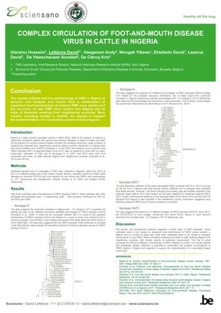 Title of the poster
Sciensano • David Lefebvre • T + 32 2 379 05 13 • david.lefebvre@sciensano.be • www.sciensano.be
Conclusion
The results indicate that the epidemiology of FMD in Nigeria is
dynamic and complex and results from a combination of
sustained local transmission of present FMD virus strains and
the incursion of new FMD virus strains into Nigeria due to
trade of livestock entering from neighboring countries. More
studies, including studies in wildlife, are needed to support
the implementation of a vaccination-based control program.
Introduction
Nigeria is a large densely populated country in West Africa. Most of its livestock is raised in a
pastoralist production system with typical long distance migration in search of water and feed.
As the demand for animal products largely exceeds the domestic production, large numbers of
livestock are imported from neighboring countries without sanitary restrictions. In Nigeria foot-
and-mouth disease virus (FMDV) serotypes O, A and SAT2 are endemic since long time and
FMDV serotype SAT1 is described again since 2015, after an absence of more than 30 years.
Historically, outbreaks of FMD due to serotypes O, A, SAT1 and SAT2 were each time
associated with trade of cattle entering Nigeria from neighboring countries (Ehizibolo et al.,
2017a and 2017b).
Methods
Epithelial samples from 27 outbreaks of FMD were collected in Nigerian cattle from 2012 till
2017 in 6 different States and in the Federal Capital Territory. Samples positive for FMDV were
identified by real-time RT-PCR and virus isolation on cell culture and FMDV was characterized
by VP1 sequencing and phylogenetic analysis (Ayelet et al. 2009) and antigen ELISA,
respectively.
Results
Half of the outbreaks were characterized as FMDV topotype O/EA-3, while outbreaks with other
serotypes and topotypes were – in descending order – less prevalent: A/Africa/G-IV, SAT1/X,
SAT2/VII and O/WA.
• Serotype O
The data suggests the continued circulation in Nigeria with ∼1% change in VP1 nucleotide (nt)
identity per year of two different previously identified sub-lineages of FMDV topotype O/EA-3
(Ehizibolo et al., 2020). It could not be concluded whether this is a result of two separate
introductions of FMDV topotype O/EA-3 into Nigeria or a result of local virus evolution from a
common ancestor. One of these 2 sub-lineages has spread from West Africa into North Africa in
2018 (WRLFMD). The data also suggests that the FMDV topotype O/WA continues to circulate
in the West African region despite the abundant presence of clinical outbreaks caused by FMDV
topotype O/EA-3.
• Serotype A
The data suggests the presence of 3 different sub-lineages of FMDV topotype A/Africa lineage
G-IV. Based on the available sequence information, two of these result from continued
circulation in Nigeria of previously reported sub-lineages with ∼1% change in VP1 nt identity per
year while the third sub-lineage may result from a new introduction. One of these 3 sub-lineages
has spread from West Africa into North Africa in 2017 (Pezzoni et al., 2019).
• Serotype SAT1
The first described outbreak of the newly discovered FMDV topotype SAT1/X in 2015 occurred
at 150 km from a national park that houses African buffaloes but no samples were available
from these animals. However, 338 serum samples from sheep, goat and wildlife collected in the
outbreak region before 2015 were tested and all were negative for antibodies against FMDV
SAT1, further confirming the absence of this serotype before 2015. Since 2016, the new SAT1/X
topotype from Nigeria is also reported in the neighboring country Cameroon, suggesting long
distance spread of FMDV due to trade or livestock movements.
• Serotype SAT2
The data suggests the presence of 3 different lineages of FMDV topotype SAT2/VII. Since 2013,
the SAT2/VII/Lib-12 virus lineage, introduced from North Africa, seems to have become
dominant and circulates with ∼1% change in VP1 nt identity per year.
Discussion
The genetic and phylogenetic analysis suggests a mixed origin of FMD outbreaks. Some
outbreaks seem to be caused by sustained local transmission of FMDV strains present in
Nigeria since a number of years ago, while other outbreaks seem to be related to repeated
introductions of new FMDV strains, probably resulting from trade of cattle entering Nigeria from
neighboring countries, with shorter periods of sustained transmission. The role of small
ruminants and African buffaloes in the etiology of FMD in Nigeria is unclear. Our results indicate
that systematic sample collection is essential to understand the complex concomitance of
FMDV strains in Nigeria and essential to support the implementation of a vaccination-based
control plan.
______________________________________
REFERENCES
• Ayelet et al, Genetic characterization of foot-and-mouth disease viruses, ethiopia, 1981-
2007. Emerg Infect Dis. 2009, 15:1409–17
• Ehizibolo et al, Detection and Molecular Characterization of Foot and Mouth Disease
Viruses from Outbreaks in Some States of Northern Nigeria 2013-2015. Transbound Emerg
Dis. 2017a, 64:1979–90
• Ehizibolo et al, Foot-and-mouth disease virus serotype SAT1 in cattle, Nigeria. Transbound
Emerg Dis. 2017b, 64:683–90
• Ehizibolo et al, Characterization of transboundary foot-and-mouth disease viruses in Nigeria
and Cameroon during 2016. Transbound Emerg Dis. 2020, 67:1257–70
• Pezzoni et al, Foot-and-mouth disease outbreaks due to an exotic virus serotype A lineage
(A/AFRICA/G-IV) in Algeria in 2017. Transbound Emerg Dis. 2019), 66:7–13
• WRLFMD. FAO World Reference Laboratory for Foot-and-Mouth Disease. Genotyping
Report, 10th July 2018. BATCH: WRLFMD/2018/00019
COMPLEX CIRCULATION OF FOOT-AND-MOUTH DISEASE
VIRUS IN CATTLE IN NIGERIA
Ularamu Hussaini1, Lefebvre David2,*, Haegeman Andy2, Wungak Yiltawe1, Ehizibolo David1, Lazarus
David1, De Vleeschauwer Annebel2, De Clercq Kris2
1. FMD Laboratory, Viral Research Division, National Veterinary Research Institute (NVRI), Vom, Nigeria
2. Service for Exotic Viruses and Particular Diseases, Department of Infectious Diseases in Animals, Sciensano, Brussels, Belgium
* Presenting author
O/EA-3
A/Africa/G-IV
 