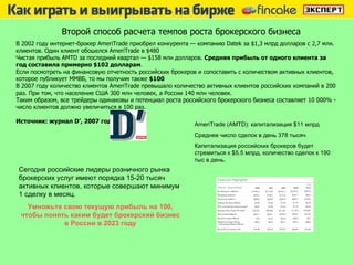 AmeriTrade (AMTD) : капитализация  $11  млрд  Среднее число сделок в день 378 тысяч Капитализация российских брокеров будет стремиться к  $5.5  млрд, количество сделок к 190 тыс в день.  Сегодня российские лидеры розничного рынка брокерских услуг имеют порядка 15-20 тысяч активных клиентов, которые совершают минимум 1 сделку в месяц.   Умножьте свою текущую прибыль на 100, чтобы понять каким будет брокерский бизнес в России в 2023 году Второй способ расчета темпов роста брокерского бизнеса В 2002 году интернет-брокер AmeriTrade приобрел конкурента — компанию Datek за $1,3 млрд долларов с 2,7 млн. клиентов. Один клиент обошелся  AmeriTrade  в $480  Чистая прибыль  AMTD  за последний квартал — $158 млн долларов.  Средняя прибыль от одного клиента за год составила примерно $102 долларам . Если посмотреть на финансовую отчетность российских брокеров и сопоставить с количеством активных клиентов, которое публикует ММВБ, то мы получим также  $100 В 2007 году количество клиентов  AmeriTrade  превышало количество активных клиентов российских компаний в 200 раз. При том, что население США 300 млн человек, а России 140 млн человек.  Таким образом, все трейдеры одинаковы и потенциал роста российского брокерского бизнеса составляет 10000% - число клиентов должно увеличиться в 100 раз.  Источник: журнал  D’ , 2007 год 