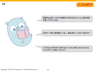 Copyright  (C) 2021 Toranoana Inc. All Rights Reserved. 4
動機
普段Rails使ってるけど簡単な APIを作るんだったら違う言語
も使ってみたいなぁ
社内で一部Go言語使ってるし、最近流行ってるから良さそう
けどWeb APIの作り方色々あってどれが良いのかわからな
いから作って比較してみよう！
 
