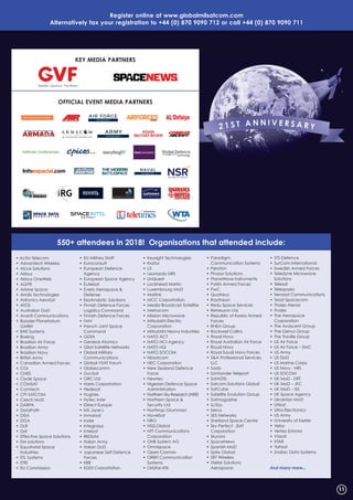 11
Register online at www.globalmilsatcom.com
alternatively fax your registration to +44 (0) 870 9090 712 or call +44 (0) 870 9090 711
11
550+ attendees in 2018! organisations that attended include:
• Actia Telecom
• Advantech Wireless
• Aicox Solutions
• Airbus
• Airbus OneWeb
• AQYR
• Ariane Space
• Arralis Technologies
• Astronics AeroSat
• ATOS
• Australian DoD
• Avanti Communications
• Baader Planetarium
GMBH
• BAE Systems
• Boeing
• Brazilian Air Force
• Brazilian Army
• Brazilian Navy
• British Army
• Canadian Armed Forces
• CGI
• CNES
• Clyde Space
• COMSAT
• Comtech
• CPI SATCOM
• Czech MoD
• DARPA
• DataPath
• DISA
• DGA
• DLR
• Dstl
• Effective Space Solutions
• EM solutions
• Equatorial Space
Industries
• ETL Systems
• ETRI
• EU Commission
• EU Military Staff
• Euroconsult
• European Defence
Agency
• European Space Agency
• Eutelsat
• Everis Aerospace &
Defense
• ExoAnalytic Solutions
• Finnish Defence Forces
Logistics Command
• Finnish Defence Forces
• FMV
• French Joint Space
Command
• GDTA
• General Atomics
• Gilat Satellite Networks
• Global Military
Communications
• Global VSAT Forum
• Globecomm
• GovSat
• GRC Ltd
• Harris Corportation
• Hisdesat
• Hughes
• Hytec Inter
• iDirect Europe
• IHS Jane’s
• Inmarsat
• Inster
• Integrasys
• Intelsat
• IRIDIUM
• Italian Army
• Italian DoD
• Japanese Self Defence
Forces
• KBR
• KDDI Corportation
• Keysight Technologies
• Kratos
• L3
• Leonardo DRS
• LinQuest
• Lockheed Martin
• Luxembourg MoD
• Marlink
• MCC Corportation
• Media Broadcast Satellite
• Metracom
• Mission Microwave
• Mitsubishi Electric
Corporation
• Mitsubishi Heavy Industries
• NATO ACT
• NATO NCI Agency
• NATO HQ
• NATO SOCOM
• Nbsatcom
• NEC Corporation
• New Zealand Defence
Force
• Newtec
• Nigerian Defence Space
Administration
• Northern Sky Research (NSR)
• Northern Space &
Security Ltd
• Northrop Grumman
• NovelSat
• NRO
• NSSLGlobal
• NTT Communications
Corporation
• OHB System AG
• Omnispace
• Open Cosmos
• ORBIT Communication
Systems
• Orbital ATK
• Paradigm
Communication Systems
• Peraton
• Phasor Solutions
• PlaneWave Instruments
• Polish Armed Forces
• PwC
• Quatreus
• Raytheon
• Redu Space Services
• ReNeuron Ltd
• Republic of Korea Armed
Forces
• RHEA Group
• Rockwell Collins
• Royal Navy
• Royal Australian Air Force
• Royal Navy
• Royal Saudi Navy Forces
• S&A Professional Services,
LLC
• Saab
• Santander Teleport
• SatADSL
• Satcom Solutions Global
• SatCube
• Satellite Evolution Group
• Satmagazine
• SciSys
• Serco
• SES Networks
• Shetland Space Centre
• Sky Perfect JSAT
Corporation
• Skyrora
• SpaceNews
• Spanish MoD
• Spire Global
• SRT Wireless
• Stellar Solutions
Aerospace
• STS Defence
• SurCom International
• Swedish Armed Forces
• Teledyne Microwave
Solutions
• Telesat
• Telespazio
• Terrasat Communications
• Tesat Spacecom
• Thales Alenia
• Thales
• The Aerospace
Corporation
• The Avascent Group
• The Genus Group
• The Traville Group
• US Air Force
• US Air Force – SMC
• US Army
• US DoD
• US Marine Corps
• US Navy - NRL
• US SOCOM
• UK MoD - DﬁT
• UK MoD – JFC
• UK MoD – ISS
• UK Space Agency
• Ukrainian MoD
• Ultisat
• Ultra Electronics
• US Army
• University of Exeter
• Velos
• Vertex Estonia
• Viasat
• XTAR
• Yahsat
• Zodiac Data Systems
And many more...
oFFiCial EvENt MEDia PaRtNERS
KEY MEDia PaRtNERS
 