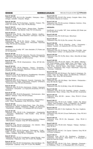 Miércoles 27 de julio de 2016 / El Peruano
594646 NORMAS LEGALES
Ruta N° AN-108
Trayectoria: Emp. PE-14 A (Dv. Llamellin) - Yaracyacu - Aczo -
Chingas - Llamellín - Chaccho - Mirgas.
Ruta N° AN-109
Trayectoria: Emp. PE-1N (Huarmey) - Huamba - Huayup - Pte.
Irman - Dv. Succha - Aija - Emp. PE-3N (Recuay).
Ruta N° AN-110
Trayectoria: Emp. PE-3N (Catac) - Buenos Aires - Tambillos -
Chavin de Huantar - San Marcos - Emp. PE-14 A (Succha).
Ruta N° AN-111
Trayectoria: Emp. PE-3N - Hda. Palmar - Mashra - Llaullina -
Collachico - Dv. Llata - Minas Antamina - Carhuayoc - Emp. AN-
110 (San Marcos).
Ruta N° AN-112
Trayectoria: Emp. PE-16 (Dv. Ocros) - Ticllos - Corpanqui -
Cajamarquilla - Rajan - Tacra - Ocros - Rinconada - Huanchay
– Emp. PE-16 A (Dv. Rinconada).
APURIMAC:
Identificado con el prefijo “AP”, tiene diecisiete (17) Rutas que
son las siguientes:
Ruta N° AP-100
Trayectoria: Emp. PE-3S (Dv. Pacucha) - Pacucha - Anccopaccha
- Mitupampa - Sotccomayo – Matapuquio - Vischingay - Tacmara
Baja - L.D. Cusco (Pasaje, CU-100 a Lucma).
Ruta N° AP-101
Trayectoria: Emp. PE-3S (Huancarama) - Emp. AP-100 (Dv.
Matapuquio).
Ruta Nº AP-102
Trayectoria: Emp. PE-3S (Talavera) - Omaca - Ocobamba -
Rocchac - Ongoy - Huaccana - Maramora - Pulcay L.D. Ayacucho
(Ccanchy, AY-102 a Chungui).
Ruta N° AP-103
Trayectoria: Emp. PE-3S (Tamburco) - Huayllabamba - Karcatera
- Sorcca - Ccocha – Emp. PE-3S V (Huanipaca)
Ruta N° AP-104
Trayectoria: Emp. PE-3S (Talavera) - Huacoto - Huancaray - San
Antonio de Cachi - Chiara - Chaccrampa - Huayana - Umamarca
- Pomacocha - Emp. PE-30 B (Pucaccasa).
Ruta N° AP-105
Trayectoria: Emp. PE-3S (Dv. Uranmarca) - Chulluni - Huancané
- Uranmarca - Uchuarane - L.D. Ayacucho (Incachaca, AY-104 a
Saurama).
Ruta N° AP-106
Trayectoria: Emp. PE-30 B (Pampachiri) - Torohuisccana - Abra
Millamar - Sañayca – Emp. PE-30 A (Chaya).
Ruta N° AP-107
Trayectoria: Emp. PE-30 B (Huancabamba) - Caihuachahua -
Lucre - Tintay - Pampatama - Emp. PE-30 A (Dv. Tintay).
Ruta N° AP-108
Trayectoria: Emp. PE-30 A (Santa Rosa) - Sojo - Pte. Amaru -
Huancapampa - Matara - Antabamba - Mollojo – Dv. Ninaccasa
- Huamanripa - Chetcajaja - L.D. Arequipa (AR-105 a Puyca).
Ruta Nº AP-109
Trayectoria: Emp. PE-30 A (Dv. Caraybamba) - Caraybamba
- Yanaquilca - Mollebamba - Abra Kcoello - Emp. AP-108
(Antabamba).
Ruta N° AP-110
Trayectoria: Emp. PE-3S F (Chuquibambilla) - Huicihua - Chilpaca
- Abra Sacsera - Huaquira - Emp. AP-108 (Antabamba).
Ruta N° AP-111
Trayectoria: Emp. PE-30 A (Iscahuaca) – Dv. Calvario - Mina
Tumire – Emp AR-105 (Dv. Culimpampa)
Ruta N° AP-112
Trayectoria: Emp. PE-3S (Curahuasi) - Ñuñungayoc - Ccollo -
Antilla - Ccollpa - Paccaypata - Pituhuanca – Dv. Pte. Matalla
- Vilcaro - Huayllati - Emp. PE-3S F (Progreso).
Ruta N° AP-113
Trayectoria: Emp. PE-3S F (Lambrama) - Laguna Taccaja - Juqui
- Pichibamba - Palpacachi - Emp. AP-112 (Dv. Pte. Matalla).
Ruta N° AP-114
Trayectoria: Emp. PE-3S F (Cotabambas) - Abra Llamallupa – Dv.
Pampahuasi - Coyllurqui - Emp. AP-112 (Dv. Pte. Matalla).
Ruta N° AP-115
Trayectoria: Emp. PE-3S F (Pte. Isuray) - Congota - Mara – Emp.
CU-138 (Pte. Sayhua L.D. Cusco).
Ruta N° AP-116
Trayectoria: Emp. PE-3S (Lucmos) - Añallanca –Cachora – Emp.
PE-3S V (Dv. Huanipaca)
AREQUIPA:
Identificado con el prefijo “AR", tiene veintitres (23) Rutas que
son las siguientes:
Ruta N° AR-100
Trayectoria: Emp. PE-1S (El Cruce) - Mina Acarí.
Ruta N° AR-101
Trayectoria: Emp. PE-1S (Dv. Pto. Lomas) - Pto. Lomas.
Ruta N° AR-102
Trayectoria: Emp. PE-1S (Chaviña) - Acari - Chocavento -
Otapara - Huarato - L.D. Ayacucho (AY-116 a Sta. Lucía).
Ruta N° AR-103
Trayectoria: Emp. PE-1S (Yauca) - Sta. Rosa - Chicchilla - Jaqui
- Pampa Nueva - Coñica - L.D. Ayacucho (AY-117 a San Juan).
Ruta N° AR-104
Trayectoria: Emp. PE-1S (Pte. Atico) - Atico - Abra Alto de Calpa
- Caravelí.
Ruta N° AR-105
Trayectoria: Emp. PE-1S (Dv. Aplao) - Pte. Molles - Mesana -
Pte. Punta Colorada - Corire - Aplao - Acoy - Pte. Huario 1 - Pte.
Huacucani 1 - Chuquibamba - Pte. Huacucani 2 - Rata - Arma
- Pte. Arma - Abra de Viscos - Abra Culies - Cotahuasi - Dv.
Taurisma - Tomepampa - Alca - Puyca - Hatunhuasi - Yuraj Yuraj
- Huarcaya - Culipampa
Ruta N° AR-106
Trayectoria: Emp. AR-105 (Acoy) - Pte. Huario 2 - Andamayo - Dv.
Capiza - Tipan - Dv. Tagre - Viraco - Dv. Machahuay - Chilarumi -
Andagua - Ayo - Emp. AR-109 (Huambo)
Ruta N° AR-107
Trayectoria: Emp. AR-105 (Rata) - San Antonio - Pampacolca -
Emp. AR-106 (Dv. Tagre).
Ruta N° AR-108
Trayectoria: Emp. PE-1S (El Alto) - Emp. AR-105 (Mesana).
Ruta N° AR-109
Trayectoria: Emp. PE-1S (Dv. Huambo) - Huacan - Huambo -
Cabanaconde - Maca - Chivay - Emp. PE-34 E (Dv. Vizcachane)
Ruta N° AR-110
Trayectoria: Emp. AR-109 - Jacoso - Emp. PE-34 E (Cruce
Chalhuanca).
Ruta N° AR-111
Trayectoria: Emp. PE-34 E (Dv. Callalli) - Callalli - Pte. Sibayo
- Sibayo - Abra Chungara - Pusa - La Angostura - Dv. Cailloma -
Chilapampa - L.D. Cusco (Abra Bajada, CU-131 a Yauri).
Ruta N° AR-112
Trayectoria: Emp. AR-111 (Dv. Caylloma) - Pte. Inca - Caylloma.
Ruta N° AR-113
Trayectoria: Emp. PE-34 E (Cruce Chalhuanca) - Emp. PE-34 A
(Dv. Imata).
Ruta N° AR-114
Trayectoria: Emp. PE-1S (Dv. Arequipa) - Emp. PE-34 A
(Arequipa).
Ruta N° AR-115
Trayectoria: Emp. PE-34 A (Dv. Tiabaya) - Tiabaya - Sachaca -
Emp. PE-34 C.
Ruta N° AR-116
Trayectoria: Emp. PE-34 C - Dv. Cayma - Cabrería - Emp. PE-34
A (Pampa Cañaguas).
Ruta N° AR-117
Trayectoria: Emp. AR-116 (Dv. Socabaya) - Socabaya -
Yarabamba - San Antonio - Siete Toldos - L. D. Moquegua (a
Minas de Cobre de Chapi).
Ruta N° AR-118
Trayectoria: Emp. PE-34 C (Dv. Pcsi) - Sabandia - Characato -
Dv. Mollebaya - Pocsi - L. D. Moquegua (MO-108 a Puquina)
 