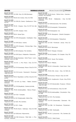 Miércoles 27 de julio de 2016 / El Peruano
594738 NORMAS LEGALES
Ruta N° CU-1037
Trayectoria: Emp. CU-1036 - Emp. CU-1036 (Quinsaya).
Ruta N° CU-1038
Trayectoria: Emp. PE-30 C (Dv. Ccatca) - Emp. CU-1036.
Ruta N° CU-1039
Trayectoria: Emp. CU-1036 (Dv. Ccatca) - Quellusancca - Emp.
CU-115.
Ruta N° CU-1076
Trayectoria: Emp. PE-3S - Oropesa - Emp. CU-1077 (Dv. Alto
Arcay).
Ruta N° CU-1077
Trayectoria: Emp. CU-1076 - Oropesa - Vicho.
Ruta N° CU-1078
Trayectoria: Emp. PE-3S - Ruinas Tipon.
Ruta N° CU-1079
Trayectoria: Emp. CU-1078 (Choquepata) - Ccacllapata - Emp.
CU-1083.
Ruta N° CU-1080
Trayectoria: Emp. CU-1078 (Tipon) - Llachoc.
Ruta N° CU-1081
Trayectoria: Emp. CU-1076 (Oropesa) - Chinicara Baja - Emp.
CU-1078 (Choquepata).
Ruta N° CU-1082
Trayectoria: Emp. CU-1081 (Oropesa) - Pta. Carretera.
Ruta N° CU-1083
Trayectoria: Emp: CU-1078 (Tipon) - Patabamba - Patacancha.
Ruta N° CU-1314
Trayectoria: Emp. PE-3S (Huacarpay) - Santo Puquio - Lucre -
Colccaqui - Emp. CU-1360.
Ruta N° CU-1315
Trayectoria: Emp. CU-123 - L. Prov. Paruro - Emp. CU-1314
(Colcaque).
Ruta N° CU-1316
Trayectoria: Emp. CU-1314 (Huacarpay) - Muyna - Emp CU-1314
(Lucre).
Ruta N° CU-1317
Trayectoria: Emp. CU-1314 (Lucre) - Yanamanchi - Pacramayo
- Emp. CU-1319.
Ruta N° CU-1318
Trayectoria: Emp. PE-3S - Rayanllacta - La Perla - Emp CU-1316
(Lucre).
Ruta N° CU-1319
Trayectoria: Emp. CU-1318 (La Perla) - Relleno Sanitario
Sinhuaran.
Ruta N° CU-1320
Trayectoria: Emp. CU-1318 (Rayallacta) - Cantera de Arcilla.
Ruta N° CU-1321
Trayectoria: Emp. PE-3S (Andahuaylillas) - Mancco Pampa -
Huarcay.
Ruta N° CU-1322
Trayectoria: Emp. CU-11321 - Yuracpata.
Ruta N° CU-1323
Trayectoria: Emp CU-1321 (Pullayhuaylla) - Molino Pata.
Ruta N° CU-1324
Trayectoria: Emp. CU-1323 - Pta. Carretera.
Ruta N° CU-1325
Trayectoria: Emp. CU-1321 - Chipta.
Ruta N° CU-1326
Trayectoria: Emp. PE-3S (Huaro) - Sullumayo - Emp CU-1350
(Yanque).
Ruta N° CU-1327
Trayectoria: Emp. CU-1326 (Irura) - Mujuncancha.
Ruta N° CU-1328
Trayectoria: Emp. CU-1326 (Cchanca) - Palla Calla - L. Prov.
Acomayo - Patahuasi.
Ruta N° CU-1329
Trayectoria: Emp. PE-3S (Urcos) - Fábrica Urcos - Huancara -
Joccoran - Pta. Carretera.
Ruta N° CU-1330
Trayectoria: Emp. PE-3S - Mollebamba - Emp CU-1329
(Huancara).
Ruta N° CU-1331
Trayectoria: Emp. CU-1329 (Huanccara) - Pta. Carretera.
Ruta N° CU-1332
Trayectoria: Emp. PE-3S (Huaraypata) - Pampaquehuar.
Ruta N° CU-1333
Trayectoria: Emp. PE-3S (Quiquijana) - Usi.
Ruta N° CU-1334
Trayectoria: Emp. PE-3S (Quiquijana) - Estación Quiquijana -
Emp. CU-1333.
Ruta N° CU-1335
Trayectoria: Emp. CU-1333 (Quiquijana) - Pataquehuar.
Ruta N° CU-1336
Trayectoria: Emp. CU-1335 - Pumahuasi - Jaucay - Emp. CU-
1348.
Ruta N° CU-1337
Trayectoria: Emp. PE-3S - Moccorayse.
Ruta N° CU-1338
Trayectoria: Emp. PE-3S - Parapujio - Q'uempor.
Ruta N° CU-1339
Trayectoria: Emp. PE-3S (Cusipata) - F.B. Cusipata - Emp. PE-
3S.
Ruta N° CU-1340
Trayectoria: Emp. PE-3S - Yaucat - Pta. Carretera.
Ruta N° CU-1363
Trayectoria: Emp. PE-3S - Pikillacta.
Ruta N° CU-1366
Trayectoria: Emp. PE-30 C (Ccheccollo) - Huara Huara - Emp.
CU-1364.
Ruta N° CU-1367
Trayectoria: Emp. PE-3S (Pte. Urcos) - Emp. CU-1366 (Dv.
Sallac).
Ruta N° CU-1368
Trayectoria: Emp. PE-3S (Urcos) - Parocan - Emp. CU-1367.
Ruta N° CU-1369
Trayectoria: Emp. PE-3S - Ccoyllorcucho - Pucuto - Emp. PE-3S
(Virgen Purificada).
Ruta N° CU-1370
Trayectoria: Emp. CU-1372 (Secsencalla) - Pucapuca - Chilcane
- Emp. CU-1366.
Ruta N° CU-1371
Trayectoria: Emp. CU-1370 (Coñamuro) - Emp. CU-1367.
Ruta N° CU-1372
Trayectoria: Emp. PE-3S (Andahuaylillas) - Churubamba - Emp.
CU-1366.
Ruta N° CU-1373
Trayectoria: Emp. CU-1372 - Pta. Carretera.
Ruta N° CU-1374
Trayectoria: Emp. CU-1372 (Secsencalla) - Querowasi - Pta.
Carretera.
Ruta N° CU-1375
Trayectoria: Emp. CU-1366 - Dv. Pampahuasi - Pampahuasi -
Sallac.
Ruta N° CU-1376
Trayectoria: Emp. CU-1366 - Yanahuaylla.
Ruta N° CU-1377
Trayectoria: Emp. PE-30 C (Junucunca) - Pta. Carretera (Dv.
Sallac).
Ruta N° CU-1378
Trayectoria: Emp. PE-30 C - Radar Corpac.
 