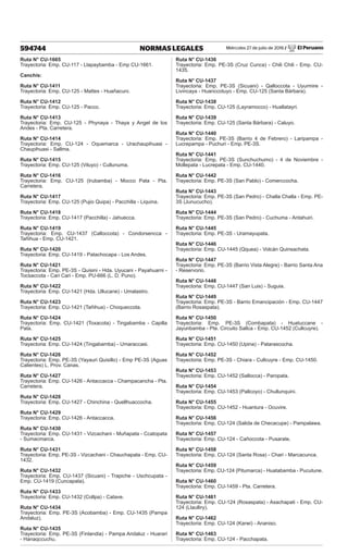 Miércoles 27 de julio de 2016 / El Peruano
594744 NORMAS LEGALES
Ruta N° CU-1665
Trayectoria: Emp. CU-117 - Llapaybamba - Emp CU-1661.
Canchis:
Ruta N° CU-1411
Trayectoria: Emp. CU-125 - Mattes - Huañacuni.
Ruta N° CU-1412
Trayectoria: Emp. CU-125 - Pacco.
Ruta N° CU-1413
Trayectoria: Emp. CU-125 - Phynaya - Thaya y Angel de los
Andes - Pta. Carretera.
Ruta N° CU-1414
Trayectoria: Emp. CU-124 - Oquemarca - Urachaupihuasi -
Chaupihuasi - Sallma.
Ruta N° CU-1415
Trayectoria: Emp. CU-125 (Viluyo) - Cullunuma.
Ruta N° CU-1416
Trayectoria: Emp. CU-125 (Irubamba) - Mocco Pata - Pta.
Carretera.
Ruta N° CU-1417
Trayectoria: Emp. CU-125 (Pujio Quipa) - Pacchilla - Liquina.
Ruta N° CU-1418
Trayectoria: Emp. CU-1417 (Pacchilla) - Jahuecca.
Ruta N° CU-1419
Trayectoria: Emp. CU-1437 (Calloccota) - Condorsencca -
Tañihua - Emp. CU-1421.
Ruta N° CU-1420
Trayectoria: Emp. CU-1419 - Patachocapa - Los Andes.
Ruta N° CU-1421
Trayectoria: Emp. PE-3S - Quisini - Hda. Uyucani - Payahuarni -
Tocsaccota - Cari Cari - Emp. PU-666 (L. D. Puno).
Ruta N° CU-1422
Trayectoria: Emp. CU-1421 (Hda. Ullucane) - Umalastro.
Ruta N° CU-1423
Trayectoria: Emp. CU-1421 (Tañihua) - Choqueccota.
Ruta N° CU-1424
Trayectoria: Emp. CU-1421 (Toxacota) - Tingabamba - Capilla
Pata.
Ruta N° CU-1425
Trayectoria: Emp. CU-1424 (Tingabamba) - Umaraccasi.
Ruta N° CU-1426
Trayectoria: Emp. PE-3S (Yayauri Quisillo) - Emp PE-3S (Aguas
Calientes) L. Prov. Canas.
Ruta N° CU-1427
Trayectoria: Emp. CU-1426 - Antaccacca - Champacancha - Pta.
Carretera.
Ruta N° CU-1428
Trayectoria: Emp. CU-1427 - Chinchina - Quellhuaccocha.
Ruta N° CU-1429
Trayectoria: Emp. CU-1426 - Antaccacca.
Ruta N° CU-1430
Trayectoria: Emp. CU-1431 - Vizcachani - Muñapata - Ccatopata
- Sumacmarca.
Ruta N° CU-1431
Trayectoria: Emp. PE-3S - Vizcachani - Chauchapata - Emp. CU-
1432.
Ruta N° CU-1432
Trayectoria: Emp. CU-1437 (Sicuani) - Trapiche - Uschcupata -
Emp. CU-1419 (Cuncapata).
Ruta N° CU-1433
Trayectoria: Emp. CU-1432 (Collpa) - Catave.
Ruta N° CU-1434
Trayectoria: Emp. PE-3S (Acobamba) - Emp. CU-1435 (Pampa
Andaluz).
Ruta N° CU-1435
Trayectoria: Emp. PE-3S (Finlandia) - Pampa Andaluz - Huarari
- Hanaqccuchu.
Ruta N° CU-1436
Trayectoria: Emp. PE-3S (Cruz Cunca) - Chili Chili - Emp. CU-
1435.
Ruta N° CU-1437
Trayectoria: Emp. PE-3S (Sicuani) - Qalloccota - Uyurmire -
Livincaya - Huanccotuyo - Emp. CU-125 (Santa Bárbara).
Ruta N° CU-1438
Trayectoria: Emp. CU-125 (Layramocco) - Huallatayri.
Ruta N° CU-1439
Trayectoria: Emp. CU-125 (Santa Bárbara) - Caluyo.
Ruta N° CU-1440
Trayectoria: Emp. PE-3S (Barrio 4 de Febrero) - Laripampa -
Lucrepampa - Puchuri - Emp. PE-3S.
Ruta N° CU-1441
Trayectoria: Emp. PE-3S (Sunchuchumo) - 4 de Noviembre -
Mollepata - Lucrepata - Emp. CU-1440.
Ruta N° CU-1442
Trayectoria: Emp. PE-3S (San Pablo) - Comerccocha.
Ruta N° CU-1443
Trayectoria: Emp. PE-3S (San Pedro) - Challa Challa - Emp. PE-
3S (Junucucho).
Ruta N° CU-1444
Trayectoria: Emp. PE-3S (San Pedro) - Cuchuma - Antahuiri.
Ruta N° CU-1445
Trayectoria: Emp. PE-3S - Uramayupata.
Ruta N° CU-1446
Trayectoria: Emp. CU-1445 (Qquea) - Volcán Quinsachata.
Ruta N° CU-1447
Trayectoria: Emp. PE-3S (Barrio Vista Alegre) - Barrio Santa Ana
- Reservorio.
Ruta N° CU-1448
Trayectoria: Emp. CU-1447 (San Luis) - Suguia.
Ruta N° CU-1449
Trayectoria: Emp. PE-3S - Barrio Emancipación - Emp. CU-1447
(Barrio Rosaspata).
Ruta N° CU-1450
Trayectoria: Emp. PE-3S (Combapata) - Huatuccane -
Jayunbamba - Pte. Circuito Sallca - Emp. CU-1452 (Cullcuyre).
Ruta N° CU-1451
Trayectoria: Emp. CU-1450 (Upina) - Patarascocha.
Ruta N° CU-1452
Trayectoria: Emp. PE-3S - Chiara - Cullcuyre - Emp. CU-1450.
Ruta N° CU-1453
Trayectoria: Emp. CU-1452 (Sallocca) - Paropata.
Ruta N° CU-1454
Trayectoria: Emp. CU-1453 (Pallcoyo) - Chullunquini.
Ruta N° CU-1455
Trayectoria: Emp. CU-1452 - Huantura - Ocuvire.
Ruta N° CU-1456
Trayectoria: Emp. CU-124 (Salida de Checacupe) - Pampalawa.
Ruta N° CU-1457
Trayectoria: Emp. CU-124 - Cañoccota - Pusarate.
Ruta N° CU-1458
Trayectoria: Emp. CU-124 (Santa Rosa) - Chari - Marcacunca.
Ruta N° CU-1459
Trayectoria: Emp. CU-124 (Pitumarca) - Huatabamba - Pucutune.
Ruta N° CU-1460
Trayectoria: Emp. CU-1459 - Pta. Carretera.
Ruta N° CU-1461
Trayectoria: Emp. CU-124 (Rosaspata) - Asachapati - Emp. CU-
124 (Llaulliry).
Ruta N° CU-1462
Trayectoria: Emp. CU-124 (Karwi) - Ananiso.
Ruta N° CU-1463
Trayectoria: Emp. CU-124 - Pacchapata.
 