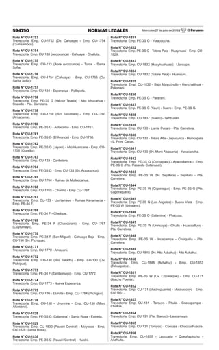 Miércoles 27 de julio de 2016 / El Peruano
594750 NORMAS LEGALES
Ruta N° CU-1753
Trayectoria: Emp. CU-1752 (Dv. Cahuaya) - Emp. CU-1754
(Quinsamoco).
Ruta N° CU-1754
Trayectoria: Emp. CU-133 (Accocunca) - Cahuaya - Challuta.
Ruta N° CU-1755
Trayectoria: Emp. CU-133 (Abra Accocunca) - Torca - Santa
Sofía.
Ruta N° CU-1756
Trayectoria: Emp. CU-1754 (Cahuaya) - Emp. CU-1755 (Dv.
Santa Sofía).
Ruta N° CU-1757
Trayectoria: Emp. CU-134 - Esperanza - Pallapata.
Ruta N° CU-1758
Trayectoria: Emp. PE-3S G (Héctor Tejada) - Alto Ichucahua -
Ccasillo - Pta. Carretera.
Ruta N° CU-1759
Trayectoria: Emp. CU-1758 (Río Tacumani) - Emp. CU-1760
(Antacama).
Ruta N° CU-1760
Trayectoria: Emp. PE-3S G - Antacama - Emp. CU-1761.
Ruta N° CU-1761
Trayectoria: Emp. PE-3S G (El Avance) - Emp. CU-1758.
Ruta N° CU-1762
Trayectoria: Emp. PE-3S G (Jayuni) - Alto Huancane - Emp. CU-
1758 (Ccasillo).
Ruta N° CU-1763
Trayectoria: Emp. CU-133 - Canlletera.
Ruta N° CU-1764
Trayectoria: Emp. PE-3S G - Emp. CU-133 (Dv. Accocunca).
Ruta N° CU-1765
Trayectoria: Emp. CU-1764 - Ruinas de Molloccahua.
Ruta N° CU-1766
Trayectoria: Emp. CU-1765 - Charmo - Emp CU-1767.
Ruta N° CU-1767
Trayectoria: Emp. CU-133 - Lluytamayo - Ruinas Kanamarca -
Emp. PE-34 F.
Ruta N° CU-1768
Trayectoria: Emp. PE-34 F - Chellque.
Ruta N° CU-1769
Trayectoria: Emp. PE-34 F (Chaccorani) - Emp. CU-1767
(Lluytumayo).
Ruta N° CU-1770
Trayectoria: Emp. PE-34 F (San Miguel) - Cahuaya Baja - Emp.
CU-130 (Dv. Pichigua).
Ruta N° CU-1771
Trayectoria: Emp. CU-1770 - Amayani.
Ruta N° CU-1772
Trayectoria: Emp. CU-130 (Río Salado) - Emp. CU-130 (Dv.
Pichigua).
Ruta N° CU-1773
Trayectoria: Emp. PE-34 F (Tambomayo) - Emp. CU-1772.
Ruta N° CU-1774
Trayectoria: Emp. CU-1773 - Nueva Esperanza.
Ruta N° CU-1775
Trayectoria: Emp. CU-130 - Eturuta - Emp. CU-1784 (Pichigua).
Ruta N° CU-1776
Trayectoria: Emp. CU-130 - Uyurmire - Emp. CU-130 (Moro
Alcasana).
Ruta N° CU-1828
Trayectoria: Emp. PE-3S G (Calamina) - Santa Rosa - Estrella.
Ruta N° CU-1829
Trayectoria: Emp. CU-1830 (Pausiri Central) - Moyocco - Emp.
CU-1828 (Santa Rosa).
Ruta N° CU-1830
Trayectoria: Emp. PE-3S G (Pausiri Central) - Huichi.
Ruta N° CU-1831
Trayectoria: Emp. PE-3S G - Yuraccocha.
Ruta N° CU-1832
Trayectoria: Emp. PE-3S G - Totora Pata - Huayhuasi - Emp. CU-
1829.
Ruta N° CU-1833
Trayectoria: Emp. CU-1832 (Huayhuahuasi) - Llancupe.
Ruta N° CU-1834
Trayectoria: Emp. CU-1832 (Totora Pata) - Huancuni.
Ruta N° CU-1835
Trayectoria: Emp. CU-1832 - Bajo Mayochullo - Hanchallihua -
Palomani.
Ruta N° CU-1836
Trayectoria: Emp. PE-3S G - Pararani.
Ruta N° CU-1837
Trayectoria: Emp. PE-3S G (Yauri) - Suero - Emp. PE-3S G.
Ruta N° CU-1838
Trayectoria: Emp. CU-1837 (Suero) - Tamburani.
Ruta N° CU-1839
Trayectoria: Emp. CU-130 - Llante Pucará - Pta. Carretera.
Ruta N° CU-1840
Trayectoria: Emp. CU-130 - Totora Alta - Japucunca - Huincopata
- L. Prov. Canas.
Ruta N° CU-1841
Trayectoria: Emp. CU-130 (Dv. Moro Alcasana) - Yanacancha.
Ruta N° CU-1842
Trayectoria: Emp. PE-3S G (Cochapata) - Apachillanca – Emp.
PE-3S G (Pte. Pasarela Cotahuasi).
Ruta N° CU-1843
Trayectoria: Emp. PE-3S W (Dv. Sepillata) - Sepillata - Pta.
Carretera.
Ruta N° CU-1844
Trayectoria: Emp. PE-3S W (Coparaque) - Emp. PE-3S G (Pte.
Coporaque II).
Ruta N° CU-1845
Trayectoria: Emp. PE.3S G (Los Angeles) - Buena Vista - Emp.
PE-3S W (Urinsaya).
Ruta N° CU-1846
Trayectoria: Emp. PE-3S G (Calamina) - Phaccoa.
Ruta N° CU-1847
Trayectoria: Emp. PE-3S W (Urinsaya) - Chullo - Huaccalluyo -
Pta. Carretera.
Ruta N° CU-1848
Trayectoria: Emp. PE-3S W - Incapampa - Chuiquiña - Pta.
Carretera.
Ruta N° CU-1849
Trayectoria: Emp. CU-1848 (Dv. Alto Achahui) - Alto Achahui.
Ruta N° CU-1850
Trayectoria: Emp. CU-1848 (Achahui) - Emp. CU-1853
(Tahuapalca).
Ruta N° CU-1851
Trayectoria: Emp. PE-3S W (Dv. Coparaque) - Emp. CU-131
(Machu Puente).
Ruta N° CU-1852
Trayectoria: Emp. CU-131 (Machupuente) - Machaccoyo - Emp.
CU-1851.
Ruta N° CU-1853
Trayectoria: Emp. CU-131 - Tarcuyo - Pitulla - Ccasapampa -
Challoa.
Ruta N° CU-1854
Trayectoria: Emp. CU-131 (Pte. Blanco) - Laucamayo.
Ruta N° CU-1855
Trayectoria: Emp. CU-131 (Toroyoc) - Concaja - Choccuchuacra.
Ruta N° CU-1856
Trayectoria: Emp. CU-1855 - Lauccaña - Queuñapicchu -
Añahuita.
 