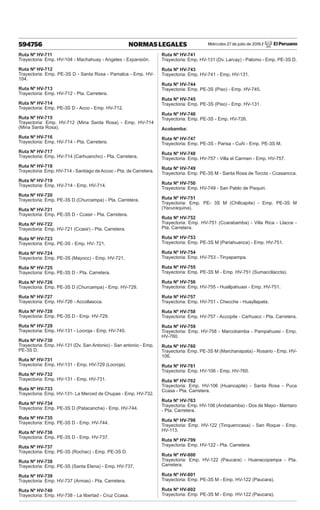 Miércoles 27 de julio de 2016 / El Peruano
594756 NORMAS LEGALES
Ruta Nº HV-711
Trayectoria: Emp. HV-104 - Machahuay - Angeles - Expansión.
Ruta Nº HV-712
Trayectoria: Emp. PE-3S D - Santa Rosa - Pamalca - Emp. HV-
104.
Ruta Nº HV-713
Trayectoria: Emp. HV-712 - Pta. Carretera.
Ruta Nº HV-714
Trayectoria: Emp. PE-3S D - Acco - Emp. HV-712.
Ruta Nº HV-715
Trayectoria: Emp. HV-712 (Mina Santa Rosa) - Emp. HV-714
(Mina Santa Rosa).
Ruta Nº HV-716
Trayectoria: Emp. HV-714 - Pta. Carretera.
Ruta Nº HV-717
Trayectoria: Emp. HV-714 (Carhuancho) - Pta. Carretera.
Ruta Nº HV-718
Trayectoria: Emp. HV-714 - Santiago deAccoc - Pta. de Carretera.
Ruta Nº HV-719
Trayectoria: Emp. HV-714 - Emp. HV-714.
Ruta Nº HV-720
Trayectoria: Emp. PE-3S D (Churcampa) - Pta. Carretera.
Ruta Nº HV-721
Trayectoria: Emp. PE-3S D - Ccasir - Pta. Carretera.
Ruta Nº HV-722
Trayectoria: Emp. HV-721 (Ccasir) - Pta. Carretera.
Ruta Nº HV-723
Trayectoria: Emp. PE-3S - Emp. HV- 721.
Ruta Nº HV-724
Trayectoria: Emp. PE-3S (Mayocc) - Emp. HV-721.
Ruta Nº HV-725
Trayectoria: Emp. PE-3S D - Pta. Carretera.
Ruta Nº HV-726
Trayectoria: Emp. PE-3S D (Churcampa) - Emp. HV-729.
Ruta Nº HV-727
Trayectoria: Emp. HV-726 - Accollascca.
Ruta Nº HV-728
Trayectoria: Emp. PE-3S D - Emp. HV-729.
Ruta Nº HV-729
Trayectoria: Emp. HV-131 - Locroja - Emp. HV-745.
Ruta Nº HV-730
Trayectoria: Emp. HV-131 (Dv. San Antonio) - San antonio - Emp.
PE-3S D.
Ruta Nº HV-731
Trayectoria: Emp. HV-131 - Emp. HV-729 (Locroja).
Ruta Nº HV-732
Trayectoria: Emp. HV-131 - Emp. HV-731.
Ruta Nº HV-733
Trayectoria: Emp. HV-131- La Merced de Chupas - Emp. HV-732.
Ruta Nº HV-734
Trayectoria: Emp. PE-3S D (Patacancha) - Emp. HV-744.
Ruta Nº HV-735
Trayectoria: Emp. PE-3S D - Emp. HV-744.
Ruta Nº HV-736
Trayectoria: Emp. PE-3S D - Emp. HV-737.
Ruta Nº HV-737
Trayectoria: Emp. PE-3S (Rochac) - Emp. PE-3S D.
Ruta Nº HV-738
Trayectoria: Emp. PE-3S (Santa Elena) - Emp. HV-737.
Ruta Nº HV-739
Trayectoria: Emp. HV-737 (Armas) - Pta. Carretera.
Ruta Nº HV-740
Trayectoria: Emp. HV-738 - La libertad - Cruz Ccasa.
Ruta Nº HV-741
Trayectoria: Emp. HV-131 (Dv. Larcay) - Palomo - Emp. PE-3S D.
Ruta Nº HV-743
Trayectoria: Emp. HV-741 - Emp. HV-131.
Ruta Nº HV-744
Trayectoria: Emp. PE-3S (Piso) - Emp. HV-745.
Ruta Nº HV-745
Trayectoria: Emp. PE-3S (Piso) - Emp. HV-131.
Ruta Nº HV-746
Trayectoria: Emp. PE-3S - Emp. HV-726.
Acobamba:
Ruta Nº HV-747
Trayectoria: Emp. PE-3S - Parisa - Cuñi - Emp. PE-3S M.
Ruta Nº HV-748
Trayectoria: Emp. HV-757 - Villa el Carmen - Emp. HV-757.
Ruta Nº HV-749
Trayectoria: Emp. PE-3S M - Santa Rosa de Toccto - Ccasancca.
Ruta Nº HV-750
Trayectoria: Emp. HV-749 - San Pablo de Pisquiri.
Ruta Nº HV-751
Trayectoria: Emp. PE- 3S M (Chillcapite) - Emp. PE-3S M
(Yacuraquina).
Ruta Nº HV-752
Trayectoria: Emp. HV-751 (Ccarabamba) - Villa Rica - Llacce -
Pta. Carretera.
Ruta Nº HV-753
Trayectoria: Emp. PE-3S M (Pariahuanca) - Emp. HV-751.
Ruta Nº HV-754
Trayectoria: Emp. HV-753 - Tinyapampa.
Ruta Nº HV-755
Trayectoria: Emp. PE-3S M - Emp. HV-751 (Sumaccllaccta).
Ruta Nº HV-756
Trayectoria: Emp. HV-755 - Huallpahuasi - Emp. HV-751.
Ruta Nº HV-757
Trayectoria: Emp. HV-751 - Checche - Huayllapata.
Ruta Nº HV-758
Trayectoria: Emp. HV-757 - Accopite - Carhuacc - Pta. Carretera.
Ruta Nº HV-759
Trayectoria: Emp. HV-758 - Marcobamba - Pampahuasi - Emp.
HV-760.
Ruta Nº HV-760
Trayectoria: Emp. PE-3S M (Marchanapata) - Rosario - Emp. HV-
106.
Ruta Nº HV-761
Trayectoria: Emp. HV-106 - Emp. HV-760.
Ruta Nº HV-762
Trayectoria: Emp. HV-106 (Huancapite) - Santa Rosa - Puca
Ccasa - Pta. Carretera.
Ruta Nº HV-763
Trayectoria: Emp. HV-106 (Andabamba) - Dos de Mayo - Mantaro
- Pta. Carretera.
Ruta Nº HV-798
Trayectoria: Emp. HV-122 (Tinquerccasa) - San Roque - Emp.
HV-113.
Ruta Nº HV-799
Trayectoria: Emp. HV-122 - Pta. Carretera.
Ruta Nº HV-800
Trayectoria: Emp. HV-122 (Paucara) - Huanacopampa - Pta.
Carretera.
Ruta Nº HV-801
Trayectoria: Emp. PE-3S M - Emp. HV-122 (Paucara).
Ruta Nº HV-802
Trayectoria: Emp. PE-3S M - Emp. HV-122 (Paucara).
 