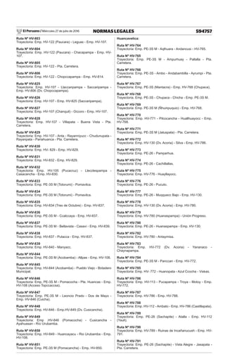 El Peruano / Miércoles 27 de julio de 2016 594757
NORMAS LEGALES
Ruta Nº HV-803
Trayectoria: Emp. HV-122 (Paucara) - Leguas - Emp. HV-107.
Ruta Nº HV-804
Trayectoria: Emp. HV-122 (Paucara) - Chacapampa - Emp. HV-
107.
Ruta Nº HV-805
Trayectoria: Emp. HV-122 - Pta. Carretera.
Ruta Nº HV-806
Trayectoria: Emp. HV-122 - Chopccapampa - Emp. HV-814.
Ruta Nº HV-825
Trayectoria: Emp. HV-107 - Llaccanpampa - Saccaripampa -
Emp. HV-806 (Dv. Chopccapampa).
Ruta Nº HV-826
Trayectoria: Emp. HV-107 - Emp. HV-825 (Saccaripampa).
Ruta Nº HV-827
Trayectoria: Emp. HV-107 (Chanquil) - Occoro - Emp. HV-107.
Ruta Nº HV-828
Trayectoria: Emp. HV-107 - Villapata - Buena Vista - Pta.
Carretera.
Ruta Nº HV-829
Trayectoria: Emp. HV-107 - Anta - Rayanniyucc - Chudunupata -
Rayanpata - Pariahuanca - Pta. Carretera.
Ruta Nº HV-830
Trayectoria: Emp. HV- 829 - Emp. HV-829.
Ruta Nº HV-831
Trayectoria: Emp. HV-832 - Emp. HV-829.
Ruta Nº HV-832
Trayectoria: Emp. HV-105 (Pucacruz) - Llecclespampa -
Casacancha - Emp. HV-830.
Ruta Nº HV-833
Trayectoria: Emp. PE-3S M (Totorumi) - Pomavilca.
Ruta Nº HV-834
Trayectoria: Emp. PE-3S M (Totorumi) - Pomavilca.
Ruta Nº HV-835
Trayectoria: Emp. HV-834 (Tres de Octubre) - Emp. HV-837.
Ruta Nº HV-836
Trayectoria: Emp. PE-3S M - Ccalccaya - Emp. HV-837.
Ruta Nº HV-837
Trayectoria: Emp. PE-3S M - Bellavista - Casavi - Emp. HV-839.
Ruta Nº HV-838
Trayectoria: Emp. HV-837 - Putacca - Emp. HV-837.
Ruta Nº HV-839
Trayectoria: Emp. HV-840 - Manyacc.
Ruta Nº HV-844
Trayectoria: Emp. PE-3S M (Acobamba) - Allpas - Emp. HV-108.
Ruta Nº HV-845
Trayectoria: Emp. HV-844 (Acobamba) - Pueblo Viejo - Botadero
Municipal.
Ruta Nº HV-846
Trayectoria: Emp. PE-3S M - Pomacocha - Pte. Huancas - Emp.
HV-108 (Acceso Topccaccsa).
Ruta Nº HV-847
Trayectoria: Emp. PE-3S M - Leoncio Prado - Dos de Mayo -
Emp. HV-846 (Cuicha).
Ruta Nº HV-848
Trayectoria: Emp. HV-846 - Emp.HV-849 (Dv. Cusicancha).
Ruta Nº HV-849
Trayectoria: Emp .HV-846 (Pomacocha) - Cusicancha -
Ayahuasan - Río Urubamba.
Ruta Nº HV-850
Trayectoria: Emp. HV-849 - Huancayacu - Rio Urubamba - Emp.
HV-108.
Ruta Nº HV-851
Trayectoria: Emp. PE-3S M (Pomacancha) - Emp. HV-850.
Huancavelica:
Ruta Nº HV-764
Trayectoria: Emp. PE-3S M - Aqlhuara - Andancusi - HV-765.
Ruta Nº HV-765
Trayectoria: Emp. PE-3S M - Ampurhuay - Pallalla - Pta.
Carretera.
Ruta Nº HV-766
Trayectoria: Emp. PE-3S - Ambo - Andabambilla - Ayrumpi - Pta.
Carretera.
Ruta Nº HV-767
Trayectoria: Emp. PE-3S (Mantacra) - Emp. HV-768 (Chupaca).
Ruta Nº HV-768
Trayectoria. Emp. PE-3S - Chupaca - Chicha - Emp. PE-3S M.
Ruta Nº HV-769
Trayectoria: Emp. PE-3S M (Ñhuinpuquio) - Emp. HV-768.
Ruta Nº HV-770
Trayectoria: Emp. HV-771 - Pilcocancha - Huallhuayocc - Emp.
HV-768.
Ruta Nº HV-771
Trayectoria: Emp. PE-3S M (Jatuspata) - Pta. Carretera.
Ruta Nº HV-772
Trayectoria: Emp. HV-130 (Dv. Acoria) - Silva - Emp. HV-786.
Ruta Nº HV-773
Trayectoria: Emp. PE-26 - Pamparhua.
Ruta Nº HV-774
Trayectoria: Emp. PE-26 - Cachillallas.
Ruta Nº HV-775
Trayectoria: Emp. HV-776 - Huayllayocc.
Ruta Nº HV-776
Trayectoria: Emp. PE-26 - Pucuto.
Ruta Nº HV-777
Trayectoria: Emp. PE-26 - Muqquecc Bajo - Emp. HV-130.
Ruta Nº HV-778
Trayectoria: Emp. HV-130 (Dv. Acoria) - Emp. HV-780.
Ruta Nº HV-779
Trayectoria: Emp. HV-780 (Huanaspampa) - Unión Progreso.
Ruta Nº HV-780
Trayectoria: Emp. PE-26 - Huanaspampa - Emp. HV-130.
Ruta Nº HV-782
Trayectoria: Emp. HV-780 - Antaymisa.
Ruta Nº HV-783
Trayectoria: Emp. HV-772 (Dv. Acoria) - Yananaco -
Chaynapampa.
Ruta Nº HV-784
Trayectoria: Emp. PE-3S M - Panccan - Emp. HV-772.
Ruta Nº HV-785
Trayectoria: Emp. HV- 772 - Huanopata - Azul Ccocha - Viskas.
Ruta Nº HV-786
Trayectoria: Emp. HV-113 - Pucapampa - Troya - Motoy - Emp.
HV-772.
Ruta Nº HV-787
Trayectoria: Emp. HV-786 - Emp. HV-788.
Ruta Nº HV-788
Trayectoria: Emp. HV-112 - Ambato - Emp. HV-786 (Castillapata).
Ruta Nº HV-789
Trayectoria: Emp. PE-26 (Sachapite) - Atalla - Emp. HV-112
(Yauli).
Ruta Nº HV-790
Trayectoria: Emp. HV-789 - Ruinas de Incañanucush - Emp. HV-
791.
Ruta Nº HV-791
Trayectoria: Emp. PE-26 (Sachapite) - Vista Alegre - Jasapata -
Pta. Carretera.
 