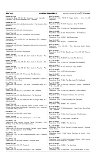 Miércoles 27 de julio de 2016 / El Peruano
594762 NORMAS LEGALES
Ruta Nº HU-540
Trayectoria: Emp. PE-5N (Dv. Yacusisa) - Las Mercedes -
Curculiza - San Juan Cotomonillo - Pta. Carretera.
Ruta Nº HU-541
Trayectoria: Emp. HU-540 (Dv. Cotomonillo) - Pta. Carretera (Río
Huallaga).
Ruta Nº HU-542
Trayectoria: Emp. HU-540 - Pta. Carretera.
Ruta Nº HU-543
Trayectoria: Emp. HU-540 - Las Flores - Pta. Carretera.
Ruta Nº HU-544
Trayectoria: Emp. HU-540 (Dv. Las Mercedes) - Río Huallaga -
Emp. HU-505.
Ruta Nº HU-545
Trayectoria: Emp. HU-505 (Pavayacu) - Alto Unión - Unión - Pta.
Carretera.
Ruta Nº HU-546
Trayectoria: Emp. HU-545 - Azpuzana.
Ruta Nº HU-547
Trayectoria: Emp. HU-505 (Dv. San José de Pucate) - Pta.
Carretera.
Ruta Nº HU-548
Trayectoria: Emp. HU-505 (Dv. San José de Pucate) - Pta.
Carretera.
Ruta Nº HU-549
Trayectoria: Emp. HU-505 (Dv. San José de Pucate) - Pta.
Carretera.
Ruta Nº HU-550
Trayectoria: Emp. HU-505 - Primavera - Pta. Carretera.
Ruta Nº HU-551
Trayectoria: Emp. HU-550 (Primavera) - Bolognesi - Corvina -
Emp. HU-555 (Venenillo).
Ruta Nº HU-552
Trayectoria: Emp. HU-505 - San Isidro - Utc Bambu - Emp. HU-
551.
Ruta Nº HU-553
Trayectoria: Emp. HU-552 (Dv. Bambu) - Pta. Carretera.
Ruta Nº HU-554
Trayectoria: Emp. HU-552 (Dv. Bambu) - Pta. Carretera.
Ruta Nº HU-555
Trayectoria: Emp. PE-5N - La Roca - Río Huallaga - Emp. HU-
556 (Venenillo)
Ruta Nº HU-556
Trayectoria: Emp. PE-14 A (Tingo María) - Castillo Grande - La
Florida - Santa Rosa - Yurimaguas - Merced de Locro - Venenillo
- Bartolomé - Alto Cuchara.
Ruta Nº HU-557
Trayectoria: Emp. HU-556 - Santa Marta.
Ruta Nº HU-558
Trayectoria: Emp. HU-556 - Chontayacu - Julio C. Tello.
Ruta Nº HU-559
Trayectoria: Emp. PE-5N (Control Policial Tulumayo) - Río
Huallaga - Emp. HU-556 (Merced de Locro).
Ruta Nº HU-560
Trayectoria: Emp. HU-556 - Pachacute - Venado Pampa - Nueva
Altura - Huanganapampa - Emp. HU-559.
Ruta Nº HU-561
Trayectoria: Emp. HU-560 (Huanganapampa) - Pta. Carretera
(Cantera).
Ruta Nº HU-562
Trayectoria: Emp. HU-556 - Moyano - Huayna Capac.
Ruta Nº HU-563
Trayectoria: Emp. HU-556 - Papayal.
Ruta Nº HU-564
Trayectoria: Emp. HU-556 - Picuruyacu - Pta. Carretera.
Ruta Nº HU-565
Trayectoria: Emp. PE-18 A (Tingo María) - Emp. HU-566
(Mapresa).
Ruta Nº HU-566
Trayectoria: Emp. PE-18 A - Mapresa - Emp. PE-18 A.
Ruta Nº HU-567
Trayectoria: Emp. PE-18 A - Pta. Carretera (Río Huallaga).
Ruta Nº HU-568
Trayectoria: Emp. PE-5N - Ricardo Palma - Puerto Nuevo.
Ruta Nº HU-569
Trayectoria: Emp. HU-568 - Bajo Guacamayo.
Ruta Nº HU-570
Trayectoria: Emp. HU-568 - Guacamayo Alto.
Ruta Nº HU-571
Trayectoria: Emp. HU-568 - Pta. Carretera (José Carlos
Mareategui).
Ruta Nº HU-572
Trayectoria: Emp. PE-5N - Danubio Azul - Emp. HU-568 (Ricardo
Palma).
Ruta Nº HU-573
Trayectoria: Emp. PE-5N (Pendencia) - Pta. Carretera.
Ruta Nº HU-574
Trayectoria: Emp. PE-5N - Pta. Carretera (Río Huallaga).
Ruta Nº HU-575
Trayectoria: Emp. PE-5N - Shiringal - Emp. HU-559.
Ruta Nº HU-576
Trayectoria: Emp. HU-575- Pta. Carretera.
Ruta Nº HU-577
Trayectoria: Emp. PE-5N - La Cocha.
Ruta Nº HU-578
Trayectoria: Emp. PE-5N - Pta. Carretera (Río Huallaga).
Ruta Nº HU-579
Trayectoria: Emp. PE-5N (San Francisco) - Moena - Jardines de
Anda - Emp. PE-5N.
Ruta Nº HU-580
Trayectoria: Emp. PE-5N (San Francisco) - Pta. Carretera.
Ruta Nº HU-581
Trayectoria: Emp. PE-5N (Cementerio) - Pta. Carretera.
Ruta Nº HU-582
Trayectoria: Emp. PE-5N (Yacusisa) - Pta. Carretera.
Ruta Nº HU-583
Trayectoria: Emp. HU-582 - Pta. Carretera.
Ruta Nº HU-584
Trayectoria: Emp. PE-5N (Aucayacu) - Tupac Amaru - Cerro Azul
- Pta. Carretera.
Ruta Nº HU-585
Trayectoria: Emp. PE-5N - (San Francisco) - Pta. Carretera.
Ruta Nº HU-586
Trayectoria: Emp. PE-5N (Pacae) - Alto Pacae.
Ruta Nº HU-587
Trayectoria: Emp. HU-586 - Pta. Carretera.
Ruta Nº HU-588
Trayectoria: Emp. PE-5N (Pacae) - Pampa Hermosa - Enrique
Valera - Tacna.
Ruta Nº HU-589
Trayectoria: Emp. PE-5N (Santo Domingo de Anda) - Pta.
Carretera.
Ruta Nº HU-590
Trayectoria: Emp. PE-5N (Pueblo Nuevo) - Puerto Prado - Nueva
Esperanza - Wiracocha - Pta. Carretera.
Ruta Nº HU-591
Trayectoria: Emp. HU-590 - Pta. Carretera.
Ruta Nº HU-592
Trayectoria: Emp. PE-5N (Santa Lucía) - Saipai - Emp. HU-590.
 
