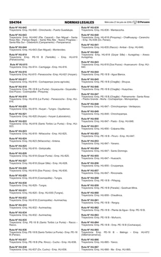 Miércoles 27 de julio de 2016 / El Peruano
594764 NORMAS LEGALES
Ruta Nº HU-642
Trayectoria: Emp. HU-640 - Chinchavito - Puerto Guadalupe.
Ruta Nº HU-643
Trayectoria: Emp. HU-642 (Pte. Caracol) - San Miguel - Santa
Rosa Alta - Pampa Alegre - Santa Rita Alta - Nuevo Progreso -
Santa Rita Sur - Odebrecht (Campamento) - Pampamarca.
Ruta Nº HU-644
Trayectoria: Emp. HU-643 (San Miguel) - Montevideo.
Ruta Nº HU-814
Trayectoria: Emp. PE-18 B (Tambillo) - Emp. HU-819
(Panaococha).
Ruta Nº HU-815
Trayectoria: Emp. HU-814 - Cachigaga - Emp. HU-816.
Ruta Nº HU-816
Trayectoria: Emp. HU-815 - Panaococha - Emp. HU-821 (Huiyan).
Ruta Nº HU-817
Trayectoria: Emp. HU-816 - Cochapampa (zona agrícola).
Ruta Nº HU-818
Trayectoria: Emp. PE-18 B (La Punta) - Goyarpunta - Goyarsilla -
Dos Pozos - Cosmopolita - Pinquiray.
Ruta Nº HU-819
Trayectoria: Emp. HU-818 (La Punta) - Panaococha - Emp. HU-
816.
Ruta Nº HU-820
Trayectoria: Emp. HU-819 - Huiyan - Tungra - Oquillaman.
Ruta Nº HU-821
Trayectoria: Emp. HU-820 (Huiyan) - Huiyan (Laboratorio).
Ruta Nº HU-822
Trayectoria: Emp. HU-818 (Santo Toribio La Punta) - Emp. HU-
823.
Ruta Nº HU-823
Trayectoria: Emp. HU-818 - Niñacocha - Emp. HU-825.
Ruta Nº HU-824
Trayectoria: Emp. HU-823 (Niñacocha) - Antena.
Ruta Nº HU-825
Trayectoria: Emp. HU-818 - Gishpicalla.
Ruta Nº HU-826
Trayectoria: Emp. HU-818 (Goyar Punta) - Emp. HU-820.
Ruta Nº HU-827
Trayectoria: Emp. HU-818 (Goyar Silla) - Emp. HU-828.
Ruta Nº HU-828
Trayectoria: Emp. HU-818 (Dos Pozos) - Emp. HU-830.
Ruta Nº HU-829
Trayectoria: Emp. HU-818 (Cosmopolita) - Tungra.
Ruta Nº HU-830
Trayectoria: Emp. HU-829 - Tungra.
Ruta Nº HU-831
Trayectoria: Emp. HU-820 - Emp. HU-830 (Tungra).
Ruta Nº HU-832
Trayectoria: Emp. HU-818 (Cosmopolita) - Aurimachay.
Ruta Nº HU-833
Trayectoria: Emp. HU-832 - Aurimachay.
Ruta Nº HU-834
Trayectoria: Emp. HU-832 - Aurimachay.
Ruta Nº HU-835
Trayectoria: Emp. PE-18 B (Santo Toribio La Punta) - Racco -
Racco.
Ruta Nº HU-836
Trayectoria: Emp. PE-18 B (Santo Toribio La Punta) - Emp. PE-18
B (Panao).
Ruta Nº HU-837
Trayectoria: Emp. PE-18 B (Pte. Rinco) - Cucho - Emp. HU-836.
Ruta Nº HU-838
Trayectoria: Emp. HU-837 (Dv. Cucho) - Emp. HU-836.
Ruta Nº HU-839
Trayectoria: Emp. HU-836 - Mantacocha.
Ruta Nº HU-840
Trayectoria: Emp. HU-818 (Pinquiray) - Challhuayog - Carancho
- Emp. HU-836 (Dv. Panao).
Ruta Nº HU-841
Trayectoria: Emp. HU-835 (Racco) - Ambar - Emp. HU-840.
Ruta Nº HU-842
Trayectoria: Emp. HU-818 (Goyar Silla) - Auragshay - Anexo
Auragshay.
Ruta Nº HU-843
Trayectoria: Emp. HU-818 (Dos Pozos) - Huancarumi - Emp. HU-
840.
Ruta Nº HU-844
Trayectoria: Emp. PE-18 B - Agua Blanca.
Ruta Nº HU-845
Trayectoria: Emp. PE-18 B (Chaglla) - Shuyua.
Ruta Nº HU-846
Trayectoria: Emp. PE-18 B (Chaglla) - Huaychau.
Ruta Nº HU-847
Trayectoria: Emp. PE-18 B (Chaglla) - Palmamonte - Santa Rosa
- Piedra Grande - Muña - Cochapampa - Monopampa.
Ruta Nº HU-848
Trayectoria: Emp. HU-847 - Chinchopampa - Verdepozo.
Ruta Nº HU-849
Trayectoria: Emp. HU-848 - Chinchopampa.
Ruta Nº HU-850
Trayectoria: Emp. HU-847 - Pasto - Emp. HU-848.
Ruta Nº HU-851
Trayectoria: Emp. HU-850 - Colpana Alta.
Ruta Nº HU-852
Trayectoria: Emp. PE-18 B - Piruro - Emp. HU-847.
Ruta Nº HU-853
Trayectoria: Emp. HU-847 - Yanano.
Ruta Nº HU-854
Trayectoria: Emp. HU-847 - Santo Domingo.
Ruta Nº HU-855
Trayectoria: Emp. HU-847 - Huacachi.
Ruta Nº HU-856
Trayectoria: Emp. HU-855 - Cruzpampa.
Ruta Nº HU-857
Trayectoria: Emp. HU-847 - Rinconada.
Ruta Nº HU-858
Trayectoria: Emp. PE-18 B - Piñayog.
Ruta Nº HU-859
Trayectoria: Emp. PE-18 B (Parada) - Quishuar-Mina.
Ruta Nº HU-860
Trayectoria: Emp. HU-859 - Chaullinca.
Ruta Nº HU-861
Trayectoria: Emp. PE-18 B - Rergoy.
Ruta Nº HU-862
Trayectoria: Emp. PE-18 B - Planta de Agua - Emp. PE-18 B.
Ruta Nº HU-863
Trayectoria: Emp. PE-18 B - Muñucro.
Ruta Nº HU-864
Trayectoria: Emp. PE-18 B - Emp. PE-18 B (Cochacaya).
Ruta Nº HU-865
Trayectoria: Emp. PE-18 B - Illatingo - Emp. HU-872
(Sillamarcamarca).
Ruta Nº HU-866
Trayectoria: Emp. HU-865 - Yanco.
Ruta Nº HU-867
Trayectoria: Emp. HU-868 - Illa - Emp. HU-865.
 