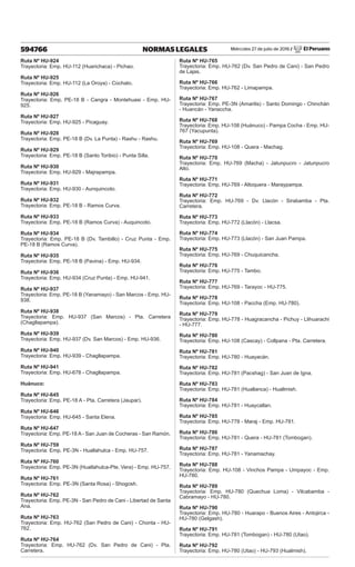 Miércoles 27 de julio de 2016 / El Peruano
594766 NORMAS LEGALES
Ruta Nº HU-924
Trayectoria: Emp. HU-112 (Huarichaca) - Pichao.
Ruta Nº HU-925
Trayectoria: Emp. HU-112 (La Oroya) - Cochato.
Ruta Nº HU-926
Trayectoria: Emp. PE-18 B - Cangra - Montehuasi - Emp. HU-
925.
Ruta Nº HU-927
Trayectoria: Emp. HU-925 - Picaguay.
Ruta Nº HU-928
Trayectoria: Emp. PE-18 B (Dv. La Punta) - Rashu - Rashu.
Ruta Nº HU-929
Trayectoria: Emp. PE-18 B (Santo Toribio) - Punta Silla.
Ruta Nº HU-930
Trayectoria: Emp. HU-929 - Majrapampa.
Ruta Nº HU-931
Trayectoria: Emp. HU-930 - Aunquincoto.
Ruta Nº HU-932
Trayectoria: Emp. PE-18 B - Ramos Curva.
Ruta Nº HU-933
Trayectoria: Emp. PE-18 B (Ramos Curva) - Auquincoto.
Ruta Nº HU-934
Trayectoria: Emp. PE-18 B (Dv. Tambillo) - Cruz Punta - Emp.
PE-18 B (Ramos Curva).
Ruta Nº HU-935
Trayectoria: Emp. PE-18 B (Pavina) - Emp. HU-934.
Ruta Nº HU-936
Trayectoria: Emp. HU-934 (Cruz Punta) - Emp. HU-941.
Ruta Nº HU-937
Trayectoria: Emp. PE-18 B (Yanamayo) - San Marcos - Emp. HU-
938.
Ruta Nº HU-938
Trayectoria: Emp. HU-937 (San Marcos) - Pta. Carretera
(Chagllapampa).
Ruta Nº HU-939
Trayectoria: Emp. HU-937 (Dv. San Marcos) - Emp. HU-936.
Ruta Nº HU-940
Trayectoria: Emp. HU-939 - Chagllapampa.
Ruta Nº HU-941
Trayectoria: Emp. HU-678 - Chagllapampa.
Huánuco:
Ruta Nº HU-645
Trayectoria: Emp. PE-18 A - Pta. Carretera (Jaupar).
Ruta Nº HU-646
Trayectoria: Emp. HU-645 - Santa Elena.
Ruta Nº HU-647
Trayectoria: Emp. PE-18 A - San Juan de Cocheras - San Ramón.
Ruta Nº HU-759
Trayectoria: Emp. PE-3N - Huallahulca - Emp. HU-757.
Ruta Nº HU-760
Trayectoria: Emp. PE-3N (Huallahulca-Pte. Vera) - Emp. HU-757.
Ruta Nº HU-761
Trayectoria: Emp. PE-3N (Santa Rosa) - Shogosh.
Ruta Nº HU-762
Trayectoria: Emp. PE-3N - San Pedro de Cani - Libertad de Santa
Ana.
Ruta Nº HU-763
Trayectoria: Emp. HU-762 (San Pedro de Cani) - Chonta - HU-
762.
Ruta Nº HU-764
Trayectoria: Emp. HU-762 (Dv. San Pedro de Cani) - Pta.
Carretera.
Ruta Nº HU-765
Trayectoria: Emp. HU-762 (Dv. San Pedro de Cani) - San Pedro
de Lajas.
Ruta Nº HU-766
Trayectoria: Emp. HU-762 - Limapampa.
Ruta Nº HU-767
Trayectoria: Emp. PE-3N (Amarilis) - Santo Domingo - Chinchán
- Huancán - Yanaccha.
Ruta Nº HU-768
Trayectoria: Emp. HU-108 (Huánuco) - Pampa Cocha - Emp. HU-
767 (Yacupunta).
Ruta Nº HU-769
Trayectoria: Emp. HU-108 - Quera - Machag.
Ruta Nº HU-770
Trayectoria: Emp. HU-769 (Macha) - Jatunpucro - Jatunpucro
Alto.
Ruta Nº HU-771
Trayectoria: Emp. HU-769 - Altoquera - Maraypampa.
Ruta Nº HU-772
Trayectoria: Emp. HU-769 - Dv. Llacón - Sirabamba - Pta.
Carretera.
Ruta Nº HU-773
Trayectoria: Emp. HU-772 (Llacón) - Llacsa.
Ruta Nº HU-774
Trayectoria: Emp. HU-773 (Llacón) - San Juan Pampa.
Ruta Nº HU-775
Trayectoria: Emp. HU-769 - Chuquicancha.
Ruta Nº HU-776
Trayectoria: Emp. HU-775 - Tambo.
Ruta Nº HU-777
Trayectoria: Emp. HU-769 - Tarayoc - HU-775.
Ruta Nº HU-778
Trayectoria: Emp. HU-108 - Paccha (Emp. HU-780).
Ruta Nº HU-779
Trayectoria: Emp. HU-778 - Huagracancha - Pichuy - Llihuarachi
- HU-777.
Ruta Nº HU-780
Trayectoria: Emp. HU-108 (Cascay) - Collpana - Pta. Carretera.
Ruta Nº HU-781
Trayectoria: Emp. HU-780 - Huayacán.
Ruta Nº HU-782
Trayectoria: Emp. HU-781 (Pacshag) - San Juan de Igna.
Ruta Nº HU-783
Trayectoria: Emp. HU-781 (Huallanca) - Huallmish.
Ruta Nº HU-784
Trayectoria: Emp. HU-781 - Huaycallan.
Ruta Nº HU-785
Trayectoria: Emp. HU-778 - Maraj - Emp. HU-781.
Ruta Nº HU-786
Trayectoria: Emp. HU-781 - Quera - HU-781 (Tombogan).
Ruta Nº HU-787
Trayectoria: Emp. HU-781 - Yanamachay.
Ruta Nº HU-788
Trayectoria: Emp. HU-108 - Vinchos Pampa - Umpayoc - Emp.
HU-780.
Ruta Nº HU-789
Trayectoria: Emp. HU-780 (Quechua Loma) - Vilcabamba -
Cabramayo - HU-780.
Ruta Nº HU-790
Trayectoria: Emp. HU-780 - Huarapo - Buenos Aires - Antojirca -
HU-780 (Gelgash).
Ruta Nº HU-791
Trayectoria: Emp. HU-781 (Tombogan) - HU-780 (Utao).
Ruta Nº HU-792
Trayectoria: Emp. HU-780 (Utao) - HU-793 (Hualmish).
 