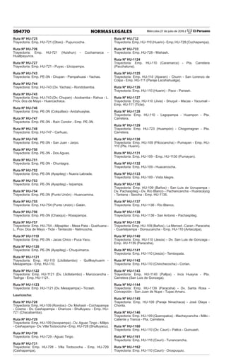 Miércoles 27 de julio de 2016 / El Peruano
594770 NORMAS LEGALES
Ruta Nº HU-725
Trayectoria: Emp. HU-721 (Obas) - Pupuncocha.
Ruta Nº HU-726
Trayectoria: Emp. HU-721 (Huishun) - Cochamarca -
Huallpayunca.
Ruta Nº HU-727
Trayectoria: Emp. HU-721 - Puyac - Llicopampa.
Ruta Nº HU-743
Trayectoria: Emp. PE-3N - Chupan - Pampahuasi - Yachas.
Ruta Nº HU-744
Trayectoria: Emp. HU-743 (Dv. Yachas) - Rondobamba.
Ruta Nº HU-745
Trayectoria: Emp. HU-743 (Dv. Chupan) - Acobamba - Rahua - L.
Prov. Dos de Mayo - Huancachaca.
Ruta Nº HU-746
Trayectoria: Emp. PE-3N (Colquillas) - Andahuaylas.
Ruta Nº HU-747
Trayectoria: Emp. PE-3N - Rain Condor - Emp. PE-3N.
Ruta Nº HU-748
Trayectoria: Emp. HU-747 - Carhuac.
Ruta Nº HU-749
Trayectoria: Emp. PE-3N - San Juan - Jarpo.
Ruta Nº HU-750
Trayectoria: Emp. PE-3N - Dos Aguas.
Ruta Nº HU-751
Trayectoria: Emp. PE-3N - Chuntagra.
Ruta Nº HU-752
Trayectoria: Emp. PE-3N (Ayapiteg) - Nueva Labrada.
Ruta Nº HU-753
Trayectoria: Emp. PE-3N (Ayapiteg) - Isipampa.
Ruta Nº HU-754
Trayectoria: Emp. PE-3N (Punto Unión) - Huancamina.
Ruta Nº HU-755
Trayectoria: Emp. HU-754 (Punto Unión) - Galán.
Ruta Nº HU-756
Trayectoria: Emp. PE-3N (Chasqui) - Rosapampa.
Ruta Nº HU-757
Trayectoria: Emp. HU-754 - Allpapitec - Mesa Pata - Queñuana -
L. Prov. Dos de Mayo - Ticte - Tantacoto - Natincocha.
Ruta Nº HU-1119
Trayectoria: Emp. PE-3N - Jacas Chico - Puca Yacu.
Ruta Nº HU-1120
Trayectoria: Emp. PE-3N (Ayapiteg) - Chuquimarca.
Ruta Nº HU-1121
Trayectoria: Emp. HU-110 (Llicllatambo) - Quillkayhuarin -
Mesapampa - Emp. HU-110.
Ruta Nº HU-1122
Trayectoria: Emp. HU-1121 (Dv. Llicllatambo) - Marcocancha -
Tashga - Emp. HU-1121.
Ruta Nº HU-1123
Trayectoria: Emp. HU-1121 (Dv. Mesapampa) - Ticrash.
Lauricocha:
Ruta Nº HU-728
Trayectoria: Emp. HU-109 (Rondos) - Dv. Mishash - Cochapampa
- Cosma - Dv. Cashapampa - Chancos - Shulluyacu - Emp. HU-
721 (Chacabamba).
Ruta Nº HU-729
Trayectoria: Emp. HU-109 (Iscopampa) - Dv. Aguac Tingo - Millpo
- Cashapampa - Dv. Villa Toctococha - Emp. HU-728 (Shulluyacu).
Ruta Nº HU-730
Trayectoria: Emp. HU-729 - Aguac Tingo.
Ruta Nº HU-731
Trayectoria: Emp. HU-728 - Villa Toctococha - Emp. HU-729
(Cashapampa).
Ruta Nº HU-732
Trayectoria: Emp. HU-110 (Huarin) - Emp. HU-728 (Cochapampa).
Ruta Nº HU-733
Trayectoria: Emp. HU-728 - Mishash.
Ruta Nº HU-1124
Trayectoria: Emp. HU-110 (Caramarca) - Pta. Carretera
(Pacchatuna).
Ruta Nº HU-1125
Trayectoria: Emp. HU-110 (Aparan) - Churin - San Lorenzo de
Colpa - Emp. HU-111 (Paraje Lacshahualga).
Ruta Nº HU-1126
Trayectoria: Emp. HU-110 (Huarin) - Paco - Pariash.
Ruta Nº HU-1127
Trayectoria: Emp. HU-110 (Jivia) - Shuquil - Macas - Yacumali -
Emp. HU-111 (Ticte).
Ruta Nº HU-1128
Trayectoria: Emp. HU-110 - Lagopampa - Huampon - Pta.
Carretera.
Ruta Nº HU-1129
Trayectoria: Emp. HU-723 (Huampón) - Chogorragran - Pta.
Carretera.
Ruta Nº HU-1130
Trayectoria: Emp. HU-109 (Pilcocancha) - Pumayan - Emp. HU-
110 (Pte. Huarin).
Ruta Nº HU-1131
Trayectoria: Emp. HU-109 - Emp. HU-1130 (Pumayan).
Ruta Nº HU-1132
Trayectoria: Emp. HU-109 - Huacarcocha.
Ruta Nº HU-1133
Trayectoria: Emp. HU-109 - Vista Alegre.
Ruta Nº HU-1136
Trayectoria: Emp. HU-109 (Baños) - San Luis de Ucrupampa -
Dv. Pachaspiteg - Dv. Río Blanco - Pachancancha - Huaracayog
- Tantana - Seccha - Emp. HU-1135.
Ruta Nº HU-1137
Trayectoria: Emp. HU-1136 - Río Blanco.
Ruta Nº HU-1138
Trayectoria: Emp. HU-1136 - San Antonio - Pachaspiteg.
Ruta Nº HU-1139
Trayectoria: Emp. HU-109 (Baños) - La Merced - Caran - Paracsha
- Cuartelpampa - Donsucancha - Emp. HU-110 (Antacolpa).
Ruta Nº HU-1140
Trayectoria: Emp. HU-110 (Jesús) - Dv. San Luis de Gonzaga -
Emp. HU-1139 (Paracsha).
Ruta Nº HU-1141
Trayectoria: Emp. HU-110 (Jesús) - Tambopata.
Ruta Nº HU-1142
Trayectoria: Emp. HU-110 (Chinchecocha) - Corian.
Ruta Nº HU-1143
Trayectoria: Emp. HU-1140 (Pallpa) - Inca Huayna - Pta.
Carretera (San Luis de Gonzaga).
Ruta Nº HU-1144
Trayectoria: Emp. HU-1139 (Paracsha) - Dv. Santa Rosa -
Concepción - San Juan de Nupe - Tupac Amaru.
Ruta Nº HU-1145
Trayectoria: Emp. HU-109 (Paraje Ninachaca) - José Olaya -
Chonta.
Ruta Nº HU-1146
Trayectoria: Emp. HU-109 (Queropalca) - Machaycancha - Millo -
Caliente y Tranca - Pta. Carretera.
Ruta Nº HU-1160
Trayectoria: Emp. HU-110 (Dv. Cauri) - Pallca - Quinuash.
Ruta Nº HU-1161
Trayectoria: Emp. HU-110 (Cauri) - Tunancancha.
Ruta Nº HU-1162
Trayectoria: Emp. HU-110 (Cauri) - Orospuquio.
 