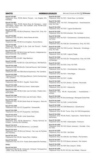 Miércoles 27 de julio de 2016 / El Peruano
594772 NORMAS LEGALES
Ruta Nº HU-991
Trayectoria: Emp. PE-5N (Barrio Pozuzo) - Los Angeles (Río
Pachitea).
Ruta Nº HU-992
Trayectoria: Emp. PE-5N (Santa Rosa de Yanayacu) - Unión
Vista Alegre - Nueva York - San Cristobal - Emp. PE-5N A (Dv.
San Juan de Codo).
Ruta Nº HU-993
Trayectoria: Emp. PE-5N A (Peripecia) - Nueva York - Emp. HU-
992.
Ruta Nº HU-994
Trayectoria: Emp. PE-5N A - Santa Teresa de Huito.
Ruta Nº HU-995
Trayectoria: Emp. PE-5N A (Los Angeles) - Nueva Alianza.
Ruta Nº HU-996
Trayectoria: Emp. PE-5N A (Dv. Codo del Pozuzo) - Pueblo
Nuevo - Emp. PE-5N A.
Ruta Nº HU-997
Trayectoria: Emp. PE-5N A (Codo del Pozuzo) - Independencia -
Nuevo Horizonte - Pta. Carretera.
Ruta Nº HU-998
Trayectoria: Emp. HU-997 - Bajo Mashoca.
Ruta Nº HU-999
Trayectoria: Emp. HU-997 (Dv. Codo del Pozuzo) - Alto Mashoca.
Ruta Nº HU-1000
Trayectoria: Emp. PE-5N A (Dv. Codo del Pozuzo) - San Cristobal.
Ruta Nº HU-1001
Trayectoria: Emp. HU-1000 (Nueva Esperanza) - Pta. Carretera.
Ruta Nº HU-1002
Trayectoria: Emp. HU-1000 (Agua Blanca) - Centro Huampumayo
- Pta. Carretera.
Ruta Nº HU-1003
Trayectoria: Emp. PE-5N A - Anguilla - Nuevo Eden.
Ruta Nº HU-1004
Trayectoria: Emp. PE-5N A (La Unión) - Santa Isabel.
Ruta Nº HU-1005
Trayectoria: Emp. PE-5N A (San Juan de Codo) - Pueblo Libre -
Nuevo Belén.
Ruta Nº HU-1006
Trayectoria: Emp. PE-5N A (San Juan del Codo) - Miami.
Ruta Nº HU-1007
Trayectoria: Emp. PE-5N (Santa Rosa de Yanayacu) - Boca de
Yanayacu.
Ruta Nº HU-1008
Trayectoria: Emp. HU-107 (Yuyapichis) - Yanayaquillo.
Ruta Nº HU-1009
Trayectoria: Emp. HU-107 (Yuyapichis) - Isla Dantas.
Ruta Nº HU-1010
Trayectoria: Emp. PE-5N - Unión Santa Rosa.
Ruta Nº HU-1011
Trayectoria: Emp. PE-5N (Monterrico) - Pampa Hermosa de
Pompeo - Colmena (Río Pachitea).
Ruta Nº HU-1012
Trayectoria: Emp. PE-5N (Monterrico) - La Libertad.
Ruta Nº HU-1013
Trayectoria: Emp. PE-5N (Las Palmas) - San Juan de Pachitea
(Río Pachitea).
Ruta Nº HU-1014
Trayectoria: Emp. PE-5N - Nuevo Perú - Orellana.
Ruta Nº HU-1015
Trayectoria: Emp. HU-1014 - Puerto Santa Isabel (Río Pachitea).
Ambo:
Ruta Nº HU-1031
Trayectoria: Emp. PE-3N - Vichaycoto - Vichayrot - Tomayquichua
- Ambo - Emp. PE-3N (Dv. Ambo).
Ruta Nº HU-1032
Trayectoria: Emp. HU-1031 - Santa Rosa - La Libertad.
Ruta Nº HU-1033
Trayectoria: Emp. HU-1031 (Tomayquichua) - Huacchacancha
Emp. HU-1032.
Ruta Nº HU-1034
Trayectoria: Emp. HU-1033 - Laguna Quiullacocha.
Ruta Nº HU-1035
Trayectoria: Emp. HU-1033 (Libertad) - Pta. Carretera.
Ruta Nº HU-1036
Trayectoria: Emp. HU-1031 - Conchamarca - Cochatambo (Emp.
HU-1033).
Ruta Nº HU-1037
Trayectoria: Emp. HU-1036 (Dv. Conchamarca) - Emp. HU-1032.
Ruta Nº HU-1038
Trayectoria: Emp. HU-1033 (Lucma) - Mamacoto - Armatanga -
Emp. HU-1042.
Ruta Nº HU-1039
Trayectoria: Emp. HU-1038 - Laguna Putaga.
Ruta Nº HU-1040
Trayectoria: Emp. HU-1033 (Dv. Tomayquichua) - Emp. HU-1038
(Armatanga).
Ruta Nº HU-1041
Trayectoria: Emp. HU-1033 - Emp. HU-1040.
Ruta Nº HU-1042
Trayectoria: Emp. HU-1031 - Chinchobamba - Marcacoto.
Ruta Nº HU-1043
Trayectoria: Emp. HU-1031 - Vista Alegre.
Ruta Nº HU-1044
Trayectoria: Emp. HU-1031 - Coyllar.
Ruta Nº HU-1045
Trayectoria: Emp. HU-1031 (Ambo) - Churrias - Rinconada.
Ruta Nº HU-1046
Trayectoria: Emp. HU-1031 - Aclacancha.
Ruta Nº HU-1047
Trayectoria: Emp. PE-3N (Huaraccalla) - Huandobamba -
Ichocan.
Ruta Nº HU-1048
Trayectoria: Emp. PE-3N (Urambesag) - Maraypata Cocha Pata.
Ruta Nº HU-1049
Trayectoria: Emp. HU-1048 - Lomas Gordas.
Ruta Nº HU-1050
Trayectoria: Emp. HU-1048 (Matachico) - Sacsahuanca.
Ruta Nº HU-1051
Trayectoria: Emp. PE-3N - Tucna - Emp. HU-1052 (Anaypampa).
Ruta Nº HU-1052
Trayectoria: Emp. PE-3N (Tecte) - Ayancocha - Santa Rosa de
Marcamayo.
Ruta Nº HU-1053
Trayectoria: Emp. HU-1052 - Estanciapata - Yanarucco.
Ruta Nº HU-1054
Trayectoria: Emp. PE-18 D (Quero Jamanan) - Ocucalla - Emp.
HU-1052.
Ruta Nº HU-1055
Trayectoria: Emp. HU-1052 - San Borja.
Ruta Nº HU-1056
Trayectoria: Emp. HU-1059 (Dv. San Rafael) – Pta Carretera.
Ruta Nº HU-1057
Trayectoria: Emp. PE-18 D (Quero Jamanan) - San Joaquin.
Ruta Nº HU-1058
Trayectoria: Emp. HU-1057 (San Joaquin) - Ocllac.
Ruta Nº HU-1059
Trayectoria: Emp. PE-PE-18 D (Dv. San Rafael) - Chaccos.
 