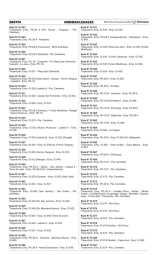 Miércoles 27 de julio de 2016 / El Peruano
594774 NORMAS LEGALES
Ruta N° IC-523
Trayectoria: Emp. PE-28 A (Pte. Pacra) - Huayrani - Pta.
Carretera.
Ruta N° IC-524
Trayectoria: Emp. PE-28 A - Pampano.
Ruta N° IC-525
Trayectoria: Emp. PE-28 A (Huancano) - Mina Characas.
Ruta N° IC-526
Trayectoria: Emp. PE-28 A (Quitasol) - Pta. Carretera.
Ruta N° IC-527
Trayectoria: Emp. PE-1S - Camacho - Dv. Playa San Clemente -
Caucato - La Joya - Emp. PE-1S.
Ruta N° IC-528
Trayectoria: Emp. IC-527 - Playa San Clemente.
Ruta N° IC-529
Trayectoria: Emp. PE-28 A (San Isidro) - Canaan - Fermin Tanguis
- Lateral 6 - Emp. PE-1S.
Ruta N° IC-530
Trayectoria: Emp. IC-529 (Lateral 6) - Pta. Carretera.
Ruta N° IC-531
Trayectoria: Emp. IC-529 - Granja San Fernando - Emp. IC-533.
Ruta N° IC-532
Trayectoria: Emp. IC-529 - Emp. IC-533.
Ruta N° IC-533
Trayectoria: Emp. PE-28 A (Chavez) - Fundo Miraflores - Rangel
- Nuevo Huanuco - Emp. PE-1S.
Ruta N° IC-534
Trayectoria: Emp. IC-533 - Pta. Carretera.
Ruta N° IC-535
Trayectoria: Emp. IC-533 (Nuevo Huánuco) - Lateral 5 - Emp.
IC-529.
Ruta N° IC-536
Trayectoria: Emp. IC-535 (Lateral 5) - Emp. IC-533 (Rangel).
Ruta N° IC-537
Trayectoria: Emp. IC-535 - Emp. IC-538 (Dv. Fermin Tanguis).
Ruta N° IC-538
Trayectoria: Emp. IC-529 (Fermin Tanguis) - Emp. IC-533.
Ruta N° IC-539
Trayectoria: Emp. IC-533 (Rangel) - Emp. IC-540.
Ruta N° IC-540
Trayectoria: Emp. PE-28 A - Zárate - San Jacinto - Lateral 3 -
Toma de León - Emp. PE-28 A (Dv. Independencia).
Ruta N° IC-541
Trayectoria: Emp. IC-529 (Canaan) - Emp. IC-533 (Hda. Moll).
Ruta N° IC-542
Trayectoria: Emp. IC-533 - Emp. IC-547.
Ruta N° IC-543
Trayectoria: Emp. IC-540 (San Jacinto) - San Emilio - Pta.
Carretera.
Ruta N° IC-544
Trayectoria: Emp. IC-540 (Dv. San Jacinto) - Emp. IC-549.
Ruta N° IC-545
Trayectoria: Emp. IC-549 (Dv. Manrique Nuevo) - Emp. IC-552.
Ruta N° IC-546
Trayectoria: Emp. IC-540 - Emp. IC-540 (Toma de León).
Ruta N° IC-547
Trayectoria: Emp. IC-540 - Lateral 4 - Emp. IC-533.
Ruta N° IC-548
Trayectoria: Emp. IC-533 - Emp. IC-529.
Ruta N° IC-549
Trayectoria: Emp. PE-28 A - Toscania - Manrique Nuevo - Emp.
IC-540.
Ruta N° IC-550
Trayectoria: Emp. PE-28 A - Nueva Esperanza - Emp. IC-549.
Ruta N° IC-551
Trayectoria: Emp. IC-549 - Emp. IC-550.
Ruta N° IC-552
Trayectoria: Emp. PE-28 A (Independencia) - Montalvan - Emp.
IC-540.
Ruta N° IC-553
Trayectoria: Emp. IC-540 (Toma de León) - Emp. IC-533 (Fundo
Miraflores).
Ruta N° IC-554
Trayectoria: Emp. IC-533 - Fundo Cabezudo - Emp. IC-529.
Ruta N° IC-555
Trayectoria: Emp. IC-533 (Fundo Miraflores) - Emp. IC-529.
Ruta N° IC-556
Trayectoria: Emp. IC-529 - Emp. IC-555.
Ruta N° IC-557
Trayectoria: Emp. PE-28 A - Emp. IC-555.
Ruta N° IC-558
Trayectoria: Emp. PE-28 A - El Palto.
Ruta N° IC-559
Trayectoria: Emp. PE-1S B - Huamani - Emp. PE-28 A.
Ruta N° IC-560
Trayectoria: Emp. PE-1S B (El Molino) - Emp. IC-559.
Ruta N° IC-561
Trayectoria: Emp. PE-1S B - Pachinga - Emp. PE-28 A.
Ruta N° IC-562
Trayectoria: Emp. PE-1S B - Bellavista - Emp. PE-28 A.
Ruta N° IC-563
Trayectoria: Emp. PE-1S B - Emp. IC-564.
Ruta N° IC-564
Trayectoria: Emp. IC-562 - La Yesera.
Ruta N° IC-565
Trayectoria: Emp. PE-28 A - Emp. IC-562 (Dv. Bellavista).
Ruta N° IC-566
Trayectoria: Emp. IC-562 - Vista al Mar - Casa Blanca - Emp.
IC-567.
Ruta N° IC-567
Trayectoria: Emp. PE-28 A - El Bosque.
Ruta N° IC-569
Trayectoria: Emp. PE-1S H - Pta. Carretera.
Ruta N° IC-570
Trayectoria: Emp. PE-1S F - Pta. Carretera.
Ruta N° IC-572
Trayectoria: Emp. IC-573 - Pta. Carretera.
Ruta N° IC-573
Trayectoria: Emp. PE-28 A - Pta. Carretera.
Ruta N° IC-574
Trayectoria: Emp. PE-28 A - Casalla Chica - Nuñez - Monte
Fuerte - Cuchilla Nueva - Huarangal - Murga - Bernales - Buenos
Aires - Fundo Abril - Polvareda - Pta. Carretera.
Ruta N° IC-575
Trayectoria: Emp. IC-574 - Río Pisco.
Ruta N° IC-576
Trayectoria: Emp. IC-574 - Río Pisco.
Ruta N° IC-577
Trayectoria: Emp. IC-574 - Pta. Carretera.
Ruta N° IC-578
Trayectoria: Emp. IC-574 (Nuñez) - Río Pisco.
Ruta N° IC-579
Trayectoria: Emp. IC-574 - Pta. Carretera.
Ruta N° IC-580
Trayectoria: Emp. IC-574 (Nuñez) - Capa Azul - Emp. IC-582.
Ruta N° IC-581
Trayectoria: Emp. IC-574 - Pta. Carretera.
 
