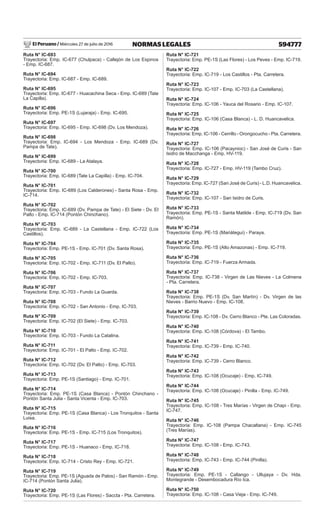 El Peruano / Miércoles 27 de julio de 2016 594777
NORMAS LEGALES
Ruta N° IC-693
Trayectoria: Emp. IC-677 (Chulpaca) - Callejón de Los Espinos
- Emp. IC-687.
Ruta N° IC-694
Trayectoria: Emp. IC-687 - Emp. IC-689.
Ruta N° IC-695
Trayectoria: Emp. IC-677 - Huacachina Seca - Emp. IC-689 (Tate
La Capilla).
Ruta N° IC-696
Trayectoria: Emp. PE-1S (Lujaraja) - Emp. IC-695.
Ruta N° IC-697
Trayectoria: Emp. IC-695 - Emp. IC-698 (Dv. Los Mendoza).
Ruta N° IC-698
Trayectoria: Emp. IC-694 - Los Mendoza - Emp. IC-689 (Dv.
Pampa de Tate).
Ruta N° IC-699
Trayectoria: Emp. IC-689 - La Atalaya.
Ruta N° IC-700
Trayectoria: Emp. IC-689 (Tate La Capilla) - Emp. IC-704.
Ruta N° IC-701
Trayectoria: Emp. IC-689 (Los Calderones) - Santa Rosa - Emp.
IC-714.
Ruta N° IC-702
Trayectoria: Emp. IC-689 (Dv. Pampa de Tate) - El Siete - Dv. El
Palto - Emp. IC-714 (Pontón Chinchano).
Ruta N° IC-703
Trayectoria: Emp. IC-689 - La Castellana - Emp. IC-722 (Los
Castillos).
Ruta N° IC-704
Trayectoria: Emp. PE-1S - Emp. IC-701 (Dv. Santa Rosa).
Ruta N° IC-705
Trayectoria: Emp. IC-702 - Emp. IC-711 (Dv. El Palto).
Ruta N° IC-706
Trayectoria: Emp. IC-702 - Emp. IC-703.
Ruta N° IC-707
Trayectoria: Emp. IC-703 - Fundo La Guarda.
Ruta N° IC-708
Trayectoria: Emp. IC-702 - San Antonio - Emp. IC-703.
Ruta N° IC-709
Trayectoria: Emp. IC-702 (El Siete) - Emp. IC-703.
Ruta N° IC-710
Trayectoria: Emp. IC-703 - Fundo La Catalina.
Ruta N° IC-711
Trayectoria: Emp. IC-701 - El Palto - Emp. IC-702.
Ruta N° IC-712
Trayectoria: Emp. IC-702 (Dv. El Palto) - Emp. IC-703.
Ruta N° IC-713
Trayectoria: Emp. PE-1S (Santiago) - Emp. IC-701.
Ruta N° IC-714
Trayectoria: Emp. PE-1S (Casa Blanca) - Pontón Chinchano -
Pontón Santa Julia - Santa Vicenta - Emp. IC-703.
Ruta N° IC-715
Trayectoria: Emp. PE-1S (Casa Blanca) - Los Tronquitos - Santa
Luisa.
Ruta N° IC-716
Trayectoria: Emp. PE-1S - Emp. IC-715 (Los Tronquitos).
Ruta N° IC-717
Trayectoria: Emp. PE-1S - Huanaco - Emp. IC-718.
Ruta N° IC-718
Trayectoria: Emp. IC-714 - Cristo Rey - Emp. IC-721.
Ruta N° IC-719
Trayectoria: Emp. PE-1S (Aguada de Palos) - San Ramón - Emp.
IC-714 (Pontón Santa Julia).
Ruta N° IC-720
Trayectoria: Emp. PE-1S (Las Flores) - Saccta - Pta. Carretera.
Ruta N° IC-721
Trayectoria: Emp. PE-1S (Las Flores) - Los Peves - Emp. IC-719.
Ruta N° IC-722
Trayectoria: Emp. IC-719 - Los Castillos - Pta. Carretera.
Ruta N° IC-723
Trayectoria: Emp. IC-107 - Emp. IC-703 (La Castellana).
Ruta N° IC-724
Trayectoria: Emp. IC-106 - Yauca del Rosario - Emp. IC-107.
Ruta N° IC-725
Trayectoria: Emp. IC-106 (Casa Blanca) - L. D. Huancavelica.
Ruta N° IC-726
Trayectoria: Emp. IC-106 - Cerrillo - Orongocucho - Pta. Carretera.
Ruta N° IC-727
Trayectoria: Emp. IC-106 (Pacaynioc) - San José de Curis - San
Isidro de Macchanga - Emp. HV-119.
Ruta N° IC-728
Trayectoria: Emp. IC-727 - Emp. HV-119 (Tambo Cruz).
Ruta N° IC-729
Trayectoria: Emp. IC-727 (San José de Curis) - L.D. Huancavelica.
Ruta N° IC-732
Trayectoria: Emp. IC-107 - San Isidro de Curis.
Ruta N° IC-733
Trayectoria: Emp. PE-1S - Santa Matilde - Emp. IC-719 (Dv. San
Ramón).
Ruta N° IC-734
Trayectoria: Emp. PE-1S (Mariátegui) - Paraya.
Ruta N° IC-735
Trayectoria: Emp. PE-1S (Alto Amazonas) - Emp. IC-719.
Ruta N° IC-736
Trayectoria: Emp. IC-719 - Fuerza Armada.
Ruta N° IC-737
Trayectoria: Emp. IC-738 - Virgen de Las Nieves - La Colmena
- Pta. Carretera.
Ruta N° IC-738
Trayectoria: Emp. PE-1S (Dv. San Martín) - Dv. Virgen de las
Nieves - Barrio Nuevo - Emp. IC-108.
Ruta N° IC-739
Trayectoria: Emp. IC-108 - Dv. Cerro Blanco - Pte. Las Coloradas.
Ruta N° IC-740
Trayectoria: Emp. IC-108 (Córdova) - El Tambo.
Ruta N° IC-741
Trayectoria: Emp. IC-739 - Emp. IC-740.
Ruta N° IC-742
Trayectoria: Emp. IC-739 - Cerro Blanco.
Ruta N° IC-743
Trayectoria: Emp. IC-108 (Ocucaje) - Emp. IC-749.
Ruta N° IC-744
Trayectoria: Emp. IC-108 (Ocucaje) - Pinilla - Emp. IC-749.
Ruta N° IC-745
Trayectoria: Emp. IC-108 - Tres Marías - Virgen de Chapi - Emp.
IC-747.
Ruta N° IC-746
Trayectoria: Emp. IC-108 (Pampa Chacaltana) - Emp. IC-745
(Tres Marías).
Ruta N° IC-747
Trayectoria: Emp. IC-108 - Emp. IC-743.
Ruta N° IC-748
Trayectoria: Emp. IC-743 - Emp. IC-744 (Pinilla).
Ruta N° IC-749
Trayectoria: Emp. PE-1S - Callango - Ullujaya - Dv. Hda.
Montegrande - Desembocadura Río Ica.
Ruta N° IC-750
Trayectoria: Emp. IC-108 - Casa Vieja - Emp. IC-749.
 