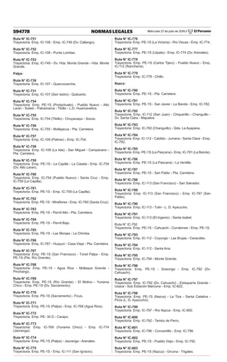 Miércoles 27 de julio de 2016 / El Peruano
594778 NORMAS LEGALES
Ruta N° IC-751
Trayectoria: Emp. IC-108 - Emp. IC-749 (Dv. Callango).
Ruta N° IC-752
Trayectoria: Emp. IC-108 - Punta Lomitas.
Ruta N° IC-753
Trayectoria: Emp. IC-749 - Dv. Hda. Monte Grande - Hda. Monte
Grande.
Palpa:
Ruta N° IC-730
Trayectoria: Emp. IC-107 - Quercocancha.
Ruta N° IC-731
Trayectoria: Emp. IC-107 (San Isidro) - Quilcanto.
Ruta N° IC-754
Trayectoria: Emp. PE-1S (Portachuelo) - Pueblo Nuevo - Alto
Laran - Sotelo - Palcamarca - Tibillo - L.D. Huancavelica.
Ruta N° IC-755
Trayectoria: Emp. IC-754 (Tibillo) - Chuyacaqui - Socos.
Ruta N° IC-756
Trayectoria: Emp. IC-755 - Mollejacca - Pta. Carretera.
Ruta N° IC-757
Trayectoria: Emp. IC-109 (Palmar) - Emp. IC-754.
Ruta N° IC-758
Trayectoria: Emp. IC-109 (La Isla) - San Miguel - Campanario -
Pta. Carretera.
Ruta N° IC-759
Trayectoria: Emp. PE-1S - La Capilla - La Caseta - Emp. IC-754
(Dv. Alto Laran).
Ruta N° IC-760
Trayectoria: Emp. IC-754 (Pueblo Nuevo) - Santa Cruz - Emp.
IC-759 (La Capilla).
Ruta N° IC-761
Trayectoria: Emp. PE-1S - Emp. IC-759 (La Capilla).
Ruta N° IC-762
Trayectoria: Emp. PE-1S - Miraflores - Emp. IC-760 (Santa Cruz).
Ruta N° IC-763
Trayectoria: Emp. PE-1S - Pernil Alto - Pta. Carretera.
Ruta N° IC-764
Trayectoria: Emp. PE-1S - Pernil Bajo.
Ruta N° IC-765
Trayectoria: Emp. PE-1S - Las Monjas - La Chimba.
Ruta N° IC-766
Trayectoria: Emp. IC-767 - Huayuri - Casa Vieja - Pta. Carretera.
Ruta N° IC-767
Trayectoria: Emp. PE-1S (San Francisco) - Túnel Palpa - Emp.
PE-1S (Pte. Río Grande).
Ruta N° IC-768
Trayectoria: Emp. PE-1S - Agua Rica - Mollaque Grande -
Pinchango.
Ruta N° IC-769
Trayectoria: Emp. PE-1S (Río Grande) - El Molino - Yunama
Chico - Emp. PE-1S (Dv. Sacramento).
Ruta N° IC-770
Trayectoria: Emp. PE-1S (Sacramento) - Ficus.
Ruta N° IC-771
Trayectoria: Emp. PE-1S (Palpa) - Emp. IC-768 (Agua Rica).
Ruta N° IC-772
Trayectoria: Emp. PE- 30 D - Carapo.
Ruta N° IC-773
Trayectoria: Emp. IC-769 (Yunama Chico) - Emp. IC-774
(Jauranga).
Ruta N° IC-774
Trayectoria: Emp. PE-1S (Palpa) - Jauranga - Arenales.
Ruta N° IC-775
Trayectoria: Emp. PE-1S - Emp. IC-111 (San Ignacio).
Ruta N° IC-776
Trayectoria: Emp. PE-1S (La Victoria) - Río Viscas - Emp. IC-774.
Ruta N° IC-777
Trayectoria: Emp. PE-1S (Llipata) - Emp. IC-774 (Dv. Arenales).
Ruta N° IC-778
Trayectoria: Emp. PE-1S (Carlos Tijero) - Pueblo Nuevo - Emp.
IC-112 (Ranchería).
Ruta N° IC-779
Trayectoria: Emp. IC-778 - Chillo.
Nazca:
Ruta N° IC-780
Trayectoria: Emp. PE-1S - Pta. Carretera.
Ruta N° IC-781
Trayectoria: Emp. PE-1S - San Javier - La Banda - Emp. IC-782.
Ruta N° IC-782
Trayectoria: Emp. IC-112 (San Juan) - Chiquerillo - Changuillo -
Dv. Santa Clara - Majuelos.
Ruta N° IC-783
Trayectoria: Emp. IC-782 (Changuillo) - Qda. La Ayapana.
Ruta N° IC-784
Trayectoria: Emp. IC-112 - Cabildo - Jumana - Santa Clara - Emp.
IC-782.
Ruta N° IC-785
Trayectoria: Emp. PE-1S (La Pascana) - Emp. IC-781 (La Banda).
Ruta N° IC-786
Trayectoria: Emp. PE-1S (La Pascana) - La Ventilla.
Ruta N° IC-787
Trayectoria: Emp. PE-1S - San Pablo - Pta. Carretera.
Ruta N° IC-788
Trayectoria: Emp. IC-113 (San Francisco) - San Salvador.
Ruta N° IC-789
Trayectoria: Emp. IC-113 (San Francisco) - Emp. IC-787 (San
Pablo).
Ruta N° IC-790
Trayectoria: Emp. IC-113 - Tulin - L. D. Ayacucho.
Ruta N° IC-791
Trayectoria: Emp. IC-113 (El Ingenio) - Santa Isabel.
Ruta N° IC-792
Trayectoria: Emp. PE-1S - Cahuachi - Corralones - Emp. PE-1S.
Ruta N° IC-793
Trayectoria: Emp. IC-112 - Coyungo - Las Brujas - Caracoles.
Ruta N° IC-794
Trayectoria: Emp. IC-112 - Santa Ana.
Ruta N° IC-795
Trayectoria: Emp. IC-794 - Monte Grande.
Ruta N° IC-796
Trayectoria: Emp. PE-1S - Soisongo - Emp. IC-792 (Dv.
Cahuachi).
Ruta N° IC-797
Trayectoria: Emp. IC-792 (Dv. Cahuachi) - Estaquería Grande -
Usaca - Sub Estación Marcona - Emp. IC-822.
Ruta N° IC-798
Trayectoria: Emp. PE-1S (Nazca) - La Tiza - Santa Catalina -
Pirca (L. D. Ayacucho).
Ruta N° IC-799
Trayectoria: Emp. IC-797 - Río Nazca - Emp. IC-800.
Ruta N° IC-800
Trayectoria: Emp. IC-792 - Tambo de Perro.
Ruta N° IC-801
Trayectoria: Emp. IC-796 - Conventillo - Emp. IC-796.
Ruta N° IC-802
Trayectoria: Emp. PE-1S - Pueblo Viejo - Emp. IC-792.
Ruta N° IC-803
Trayectoria: Emp. PE-1S (Nazca) - Orcona - Trigales.
 
