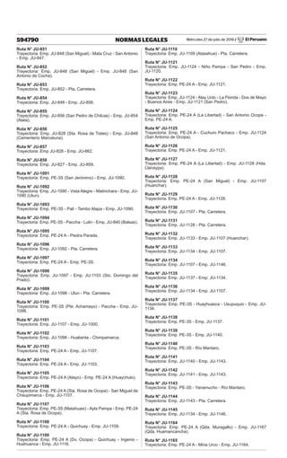 Miércoles 27 de julio de 2016 / El Peruano
594790 NORMAS LEGALES
Ruta N° JU-851
Trayectoria: Emp. JU-848 (San Miguel) - Mata Cruz - San Antonio
- Emp. JU-847.
Ruta N° JU-852
Trayectoria: Emp. JU-848 (San Miguel) - Emp. JU-848 (San
Antonio de Cocha).
Ruta N° JU-853
Trayectoria: Emp. JU-852 - Pta. Carretera.
Ruta N° JU-854
Trayectoria: Emp. JU-848 - Emp. JU-856.
Ruta N° JU-855
Trayectoria: Emp. JU-856 (San Pedro de Chilcas) - Emp. JU-854
(Alata).
Ruta N° JU-856
Trayectoria: Emp. JU-828 (Sta. Rosa de Tistes) - Emp. JU-848
(Cementerio Marcatuna).
Ruta N° JU-857
Trayectoria: Emp JU-828 - Emp. JU-862.
Ruta N° JU-858
Trayectoria: Emp. JU-827 - Emp. JU-859.
Ruta N° JU-1091
Trayectoria: Emp. PE-3S (San Jerónimo) - Emp. JU-1090.
Ruta N° JU-1092
Trayectoria: Emp. JU-1090 - Vista Alegre - Matinchara - Emp. JU-
1090 (Ulun).
Ruta N° JU-1093
Trayectoria: Emp. PE-3S - Pali - Tambo Alapa - Emp. JU-1090.
Ruta N° JU-1094
Trayectoria: Emp. PE-3S - Paccha - Lulin - Emp. JU-840 (Balsas).
Ruta N° JU-1095
Trayectoria: Emp. PE-24 A - Piedra Parada.
Ruta N° JU-1096
Trayectoria: Emp. JU-1092 - Pta. Carretera.
Ruta N° JU-1097
Trayectoria: Emp. PE-24 A - Emp. PE-3S.
Ruta N° JU-1098
Trayectoria: Emp. JU-1097 - Emp. JU-1103 (Sto. Domingo del
Prado).
Ruta N° JU-1099
Trayectoria: Emp. JU-1098 - Ulun - Pta. Carretera.
Ruta N° JU-1100
Trayectoria: Emp. PE-3S (Pte. Achamayo) - Paccha - Emp. JU-
1098.
Ruta N° JU-1101
Trayectoria: Emp. JU-1107 - Emp. JU-1000.
Ruta N° JU-1102
Trayectoria: Emp. JU-1098 - Hualianta - Chimpamarca.
Ruta N° JU-1103
Trayectoria: Emp. PE-24 A - Emp. JU-1107.
Ruta N° JU-1104
Trayectoria: Emp. PE-24 A - Emp. JU-1103.
Ruta N° JU-1105
Trayectoria: Emp. PE-24 A (Alayo) - Emp. PE-24 A (Huaychulo).
Ruta N° JU-1106
Trayectoria: Emp. PE-24 A (Sta. Rosa de Ocopa) - San Miguel de
Chaupimarca - Emp. JU-1107.
Ruta N° JU-1107
Trayectoria: Emp. PE-3S (Matahuasi) - Ayla Pampa - Emp. PE-24
A (Sta. Rosa de Ocopa).
Ruta N° JU-1108
Trayectoria: Emp. PE-24 A - Quichuay - Emp. JU-1109.
Ruta N° JU-1109
Trayectoria: Emp. PE-24 A (Dv. Ocopa) - Quichuay - Ingenio -
Huahuanca - Emp. JU-1116.
Ruta N° JU-1110
Trayectoria: Emp. JU-1109 (Atasahua) - Pta. Carretera.
Ruta N° JU-1121
Trayectoria: Emp. JU-1124 - Niño Pampa - San Pedro - Emp.
JU-1120.
Ruta N° JU-1122
Trayectoria: Emp. PE-24 A - Emp. JU-1121.
Ruta N° JU-1123
Trayectoria: Emp. JU-1124 - Alay Uclo - La Florida - Dos de Mayo
- Buenos Aires - Emp. JU-1121 (San Pedro).
Ruta N° JU-1124
Trayectoria: Emp. PE-24 A (La Libertad) - San Antonio Ocopa -
Emp. PE-24 A.
Ruta N° JU-1125
Trayectoria: Emp. PE-24 A - Cuchuro Pachaco - Emp. JU-1124
(San Antonio de Ocopa).
Ruta N° JU-1126
Trayectoria: Emp. PE-24 A - Emp. JU-1121.
Ruta N° JU-1127
Trayectoria: Emp. PE-24 A (La Libertad) - Emp. JU-1128 (Hda.
Llanaypa).
Ruta N° JU-1128
Trayectoria: Emp. PE-24 A (San Miguel) - Emp. JU-1107
(Huanchar).
Ruta N° JU-1129
Trayectoria: Emp. PE-24 A - Emp. JU-1128.
Ruta N° JU-1130
Trayectoria: Emp. JU-1107 - Pta. Carretera.
Ruta N° JU-1131
Trayectoria: Emp. JU-1128 - Pta. Carretera.
Ruta N° JU-1132
Trayectoria: Emp. JU-1133 - Emp. JU-1107 (Huanchar).
Ruta N° JU-1133
Trayectoria: Emp. JU-1134 - Emp. JU-1107.
Ruta N° JU-1134
Trayectoria: Emp. JU-1107 - Emp. JU-1146.
Ruta N° JU-1135
Trayectoria: Emp. JU-1137 - Emp. JU-1134.
Ruta N° JU-1136
Trayectoria: Emp. JU-1134 - Emp. JU-1107.
Ruta N° JU-1137
Trayectoria: Emp. PE-3S - Huayhuasca - Usupuquio - Emp. JU-
1134.
Ruta N° JU-1138
Trayectoria: Emp. PE-3S - Emp. JU-1137.
Ruta N° JU-1139
Trayectoria: Emp. PE-3S - Emp. JU-1140.
Ruta N° JU-1140
Trayectoria: Emp. PE-3S - Río Mantaro.
Ruta N° JU-1141
Trayectoria: Emp. JU-1140 - Emp. JU-1143.
Ruta N° JU-1142
Trayectoria: Emp. JU-1141 - Emp. JU-1143.
Ruta N° JU-1143
Trayectoria: Emp. PE-3S - Yanamucho - Río Mantaro.
Ruta N° JU-1144
Trayectoria: Emp. JU-1143 - Pta. Carretera.
Ruta N° JU-1145
Trayectoria: Emp. JU-1134 - Emp. JU-1146.
Ruta N° JU-1164
Trayectoria: Emp. PE-24 A (Qda. Muragallo) - Emp. JU-1167
(Qda. Huamancancha).
Ruta N° JU-1165
Trayectoria: Emp. PE-24 A - Mina Urco - Emp. JU-1164.
 