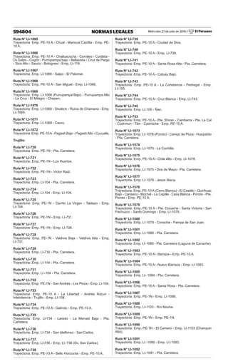 Miércoles 27 de julio de 2016 / El Peruano
594804 NORMAS LEGALES
Ruta N° LI-1065
Trayectoria: Emp. PE-10 A - Chual - Mariscal Castilla - Emp. PE-
10 A.
Ruta N° LI-1066
Trayectoria: Emp. PE-10 A - Challuacocha - Corrales - Cuidista -
Dv.Salpo - Cogón - Purrupampa bajo - Bellavista - Cruz de Pargo
- Sixa Alto - Sauco - Bolognesi - Emp. LI-119.
Ruta N° LI-1067
Trayectoria: Emp. LI-1066 - Salpo - El Palomar.
Ruta N° LI-1068
Trayectoria: Emp. PE-10 A - San Miguel - Emp. LI-1066.
Ruta N° LI-1069
Trayectoria: Emp. LI-1066 (Purrupampa Bajo) - Purrupampa Alto
- La Cruz - El Milagro - Chepen.
Ruta N° LI-1070
Trayectoria: Emp. LI-1069 - Shulbon - Ruina de Chamana - Emp.
LI-1069.
Ruta N° LI-1071
Trayectoria: Emp. LI-1069 - Cauro.
Ruta N° LI-1072
Trayectoria: Emp. PE-10A- Pagash Bajo - PagashAlto - Cucualle.
Trujillo:
Ruta N° LI-720
Trayectoria: Emp. PE-1N - Pta. Carretera.
Ruta N° LI-721
Trayectoria: Emp. PE-1N - Los Huertos.
Ruta N° LI-722
Trayectoria: Emp. PE-1N - Victor Raúl.
Ruta N° LI-723
Trayectoria: Emp. LI-104 - Pta. Carretera.
Ruta N° LI-724
Trayectoria: Emp. LI-104 - Emp. LI-104.
Ruta N° LI-725
Trayectoria: Emp. PE-1N - Cerrito La Virgen - Tablazo - Emp.
LI-104.
Ruta N° LI-726
Trayectoria: Emp. PE-1N - Emp. LI-731.
Ruta N° LI-727
Trayectoria: Emp. PE-1N - Emp. LI-726.
Ruta N° LI-728
Trayectoria: Emp. PE-1N - Valdivia Baja - Valdivia Alta - Emp.
LI-731.
Ruta N° LI-729
Trayectoria: Emp. LI-730 - Pta. Carretera.
Ruta N° LI-730
Trayectoria: Emp. LI-104 - Pta. Carretera.
Ruta N° LI-731
Trayectoria: Emp. LI -104 - Pta. Carretera.
Ruta N° LI-732
Trayectoria: Emp. PE-1N - San Andrés - Los Pinos - Emp. LI-104.
Ruta N° LI-733
Trayectoria: Emp. PE-10 A - La Libertad - Andrés Rázuri -
Intendencia - Trujillo - Emp. LI-104.
Ruta N° LI-734
Trayectoria: Emp. PE-10 A - Galindo - Emp. PE-10 A.
Ruta N° LI-735
Trayectoria: Emp. LI-734 - Laredo - La Merced Baja - Pta.
Carretera.
Ruta N° LI-736
Trayectoria: Emp. LI-734 - San Idelfonso - San Carlos.
Ruta N° LI-737
Trayectoria: Emp. LI-736 - Emp. LI- 736 (Dv. San Carlos).
Ruta N° LI-738
Trayectoria: Emp. PE-10 A - Bello Horizonte - Emp. PE-10 A.
Ruta N° LI-739
Trayectoria: Emp. PE-10 A - Ciudad de Dios.
Ruta N° LI-740
Trayectoria: Emp. PE-10 A - Emp. LI-739.
Ruta N° LI-741
Trayectoria: Emp. PE-10 A - Santa Rosa Alta - Pta. Carretera.
Ruta N° LI-742
Trayectoria: Emp. PE-10 A - Catuay Bajo.
Ruta N° LI-743
Trayectoria: Emp. PE-10 A - La Constancia - Pedregal - Emp.
LI-105.
Ruta N° LI-744
Trayectoria: Emp. PE-10 A - Cruz Blanca - Emp. LI-743.
Ruta N° LI-745
Trayectoria: Emp. LI-105 - Ñari.
Ruta N° LI-753
Trayectoria: Emp. PE-10 A - Pte. Shiran - Cambarra - Pte. La Cal
- Cushmun - Titin - Casmiche - Emp. PE-10 A.
Ruta N° LI-1073
Trayectoria: Emp. LI-1078 (Poroto) - Campo de Piura - Huayabito
- Pta. Carretera.
Ruta N° LI-1074
Trayectoria: Emp. LI-1073 - La Cuchilla.
Ruta N° LI-1075
Trayectoria: Emp. PE-10 A - Chile Alto - Emp. LI-1078.
Ruta N° LI-1076
Trayectoria: Emp. LI-1075 - Dos de Mayo - Pta. Carretera.
Ruta N° LI-1077
Trayectoria: Emp. LI-1078 - Jesús María.
Ruta N° LI-1078
Trayectoria: Emp. PE-10 A (Cerro Blanco) - El Castillo - Quirihuac
Bajo - Canseco - Mochal - La Capilla - Casa Blanca - Poroto - Pte.
Poroto - Emp. PE-10 A.
Ruta N° LI-1079
Trayectoria: Emp. PE-10 A - Pte. Conache - Santa Victoria - San
Pachuzco - Santo Domingo - Emp. LI-1078.
Ruta N° LI-1080
Trayectoria: Emp. LI-1079 - Conache - Pampa de San Juan.
Ruta N° LI-1081
Trayectoria: Emp. LI-1080 - Pta. Carretera.
Ruta N° LI-1082
Trayectoria: Emp. LI-1080 - Pta. Carretera (Laguna de Conache).
Ruta N° LI-1083
Trayectoria: Emp. PE-10 A - Barraza - Emp. PE-10 A.
Ruta N° LI-1084
Trayectoria: Emp. PE-10 A - Nuevo Barraza - Emp. LI-1083.
Ruta N° LI-1085
Trayectoria: Emp. LI- 1084 - Pta. Carretera.
Ruta N° LI-1086
Trayectoria: Emp. PE-10 A - Santa Rosa - Pta. Carretera.
Ruta N° LI-1087
Trayectoria: Emp. PE-1N - Emp. LI-1086.
Ruta N° LI-1088
Trayectoria: Emp. LI-1103 - Río Moche.
Ruta N° LI-1089
Trayectoria: Emp. PE-1N - Emp. PE-1N.
Ruta N° LI-1090
Trayectoria: Emp. PE-1N - El Camero - Emp. LI-1103 (Chanquin
Alto).
Ruta N° LI-1091
Trayectoria: Emp. LI -1090 - Emp. LI -1093.
Ruta N° LI-1092
Trayectoria: Emp. LI-1091 - Pta. Carretera.
 