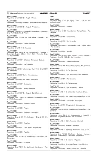 El Peruano / Miércoles 27 de julio de 2016 594807
NORMAS LEGALES
Ruta N° LI-900
Trayectoria: Emp. LI-903 (Dv. Huagil) - Chinac.
Ruta N° LI-901
Trayectoria: Emp. LI-903 (Huaguil) - Miraflores - Nuevo Huaycho.
Ruta N° LI-902
Trayectoria: Emp. LI-903 (Dv. Huaguil) - Arcopampa.
Ruta N° LI-903
Trayectoria: Emp. PE-10 C - Huaguil - Cochabamba - El Canizo -
Emp. PE-10 C (Dv. Pte. El Pallar).
Ruta N° LI-904
Trayectoria: Emp. PE-10 C (Dv. Qda. Honda) - Pishauli - 2 de
Mayo.
Ruta N° LI-905
Trayectoria: Emp. LI-904 - Pampa El Cóndor.
Ruta N° LI-906
Trayectoria: Emp. PE-10 B - Yanasara.
Ruta N° LI-907
Trayectoria: Emp. PE-10 B (Dv. Sausacocha) - Collasgon -
Cuypampa - Curgos - El Eden - Moyan - Sarin - Munmalca - Emp.
LI-115 (El Cóndor).
Ruta N° LI-912
Trayectoria: Emp. LI-907 - El Potrero - Maraycuto - Cochas.
Ruta N° LI-913
Trayectoria: Emp. LI-912 - Pta. Carretera.
Ruta N° LI-914
Trayectoria: Emp. LI-912 - Atumpampa - Yumi Yumi - Emp. LI-912
(Dv. Maraycuto).
Ruta N° LI-915
Trayectoria: Emp. LI-907 (Sarin) - Gomespampa.
Ruta N° LI-916
Trayectoria: Emp. LI-912 (Dv. Sarin) - Shiracorral.
Ruta N° LI-917
Trayectoria: Emp. LI-907 - Cerpaquino.
Ruta N° LI-918
Trayectoria: Emp. LI-917 - Hualay - Chir Chir.
Ruta N° LI-919
Trayectoria: Emp. LI-907 (Dv. Curgos) - Corral Colorado.
Ruta N° LI-920
Trayectoria: Emp. LI-907 (Dv. Collasgon) - Huayllagual - Emp.
LI-907 (Dv. Cuypampa).
Ruta N° LI-921
Trayectoria: Emp. LI-920 - Querobal Grande.
Ruta N° LI-922
Trayectoria: Emp. LI-920 - Piogan.
Ruta N° LI-923
Trayectoria: Emp. LI-920 - Querobal - Emp. LI-922.
Ruta N° LI-924
Trayectoria: Emp. LI-920 (Dv. Collasgon) - Emp. LI-920 (Dv.
Huayllagual).
Ruta N° LI-925
Trayectoria: Emp. LI-920 - Huaylitas.
Ruta N° LI-926
Trayectoria: Emp. LI-907 - Cerro Negro - Huaylitas Alto.
Ruta N° LI-927
Trayectoria: Emp. LI-926 - Papelillo.
Ruta N° LI-928
Trayectoria: Emp. PE-3N (Dv. Sausacocha) - Emp. LI-907 (Dv.
Cuypampa).
Ruta N° LI-929
Trayectoria: Emp. LI-116 - La Florida.
Ruta N° LI-930
Trayectoria: Emp. PE-3N (Dv. La Arena) - Candoguran - Pta.
Carretera.
Pataz:
Ruta N° LI-857
Trayectoria: Emp. LI-124 (Dv. Vijus) - Emp. LI-125 (Dv. San
Antonio Grande).
Ruta N° LI-859
Trayectoria: Emp. LI-125 - Paraisito.
Ruta N° LI-860
Trayectoria: Emp. LI-125 - Caurabamba - Pampa Rosas - Pta.
Carretera.
Ruta N° LI-861
Trayectoria: Emp. LI-125 - Campamento.
Ruta N° LI-862
Trayectoria: Emp. LI-125 - San Fernando.
Ruta N° LI-863
Trayectoria: Emp. LI-865 - Cruz Colorada - Pias - Pampa Racra
- Pta. Carretera.
Ruta N° LI-864
Trayectoria: Emp. LI-863 - Senolén.
Ruta N° LI-865
Trayectoria: Emp. PE-10 C (Bella Aurora) - Dv. Cruz colorada -
Yuracyacu - Emp. PE -10 C (Div. San Fernando).
Ruta N° LI-866
Trayectoria: Emp. LI-865 - Planta Procesadora.
Ruta N° LI-867
Trayectoria: Emp. LI-126 (Parque Tres Lagunas) - Pta. Carretera.
Ruta N° LI-868
Trayectoria: Emp. PE-10 C - Pta. Carretera.
Ruta N° LI-869
Trayectoria: Emp. PE-10 C (Dv. Buldibuyo) - Zona Maderera.
Ruta N° LI-870
Trayectoria: Emp. LI-871 - Pta. Carretera.
Ruta N° LI-871
Trayectoria: Emp. PE-10 C - Pachacarhuay.
Ruta N° LI-872
Trayectoria: Emp. PE-10 C (Dv. Huaylillas) - Carhuac.
Ruta N° LI-873
Trayectoria: Emp. PE-10 C - Mitobamba - Hualihua - Chogo.
Ruta N° LI-874
Trayectoria: Emp. LI-129 (Dv. Collay) - Gochapita - Emp. LI-130.
Ruta N° LI-875
Trayectoria: Emp. LI-129 - Emp. LI-874 (Gochapita).
Ruta N° LI-876
Trayectoria: Emp. LI-130 (Chaquicocha) - Ucchapampa.
Ruta N° LI-877
Trayectoria: Emp. LI-130 (Dv. Chaquicocha) - Huarichaca - Pta.
Carretera.
Ruta N° LI-878
Trayectoria: Emp. PE-10 C (Huancaspata) - Huanchil -
Patramarca - Coyartuna - Pueblo Libre - Cochacara.
Ruta N° LI-879
Trayectoria: Emp. PE-10 C (Dv. Auyacoto) - Libertad.
Ruta N° LI-880
Trayectoria: Emp. LI-131 (Challas) - Huaganto.
Ruta N° LI-881
Trayectoria: Emp. PE-12 B (Urpay) - Pariamarca - Emp. LI-131.
Ruta N° LI-882
Trayectoria: Emp. PE-12 B (Miraflores) - Carhuac - Huancas -
Santa Rosa - Colpabamba - Emp. LI-881 (Pariamarca).
Ruta N° LI-883
Trayectoria: Emp. PE-12 B - Macania - Olgoyaco.
Ruta N° LI-884
Trayectoria: Emp. PE-12 B - Uchos - Taurija - Emp. PE-12 B.
Ruta N° LI-885
Trayectoria: Emp. LI-884 - Monte Grande - Pta. Carretera.
 